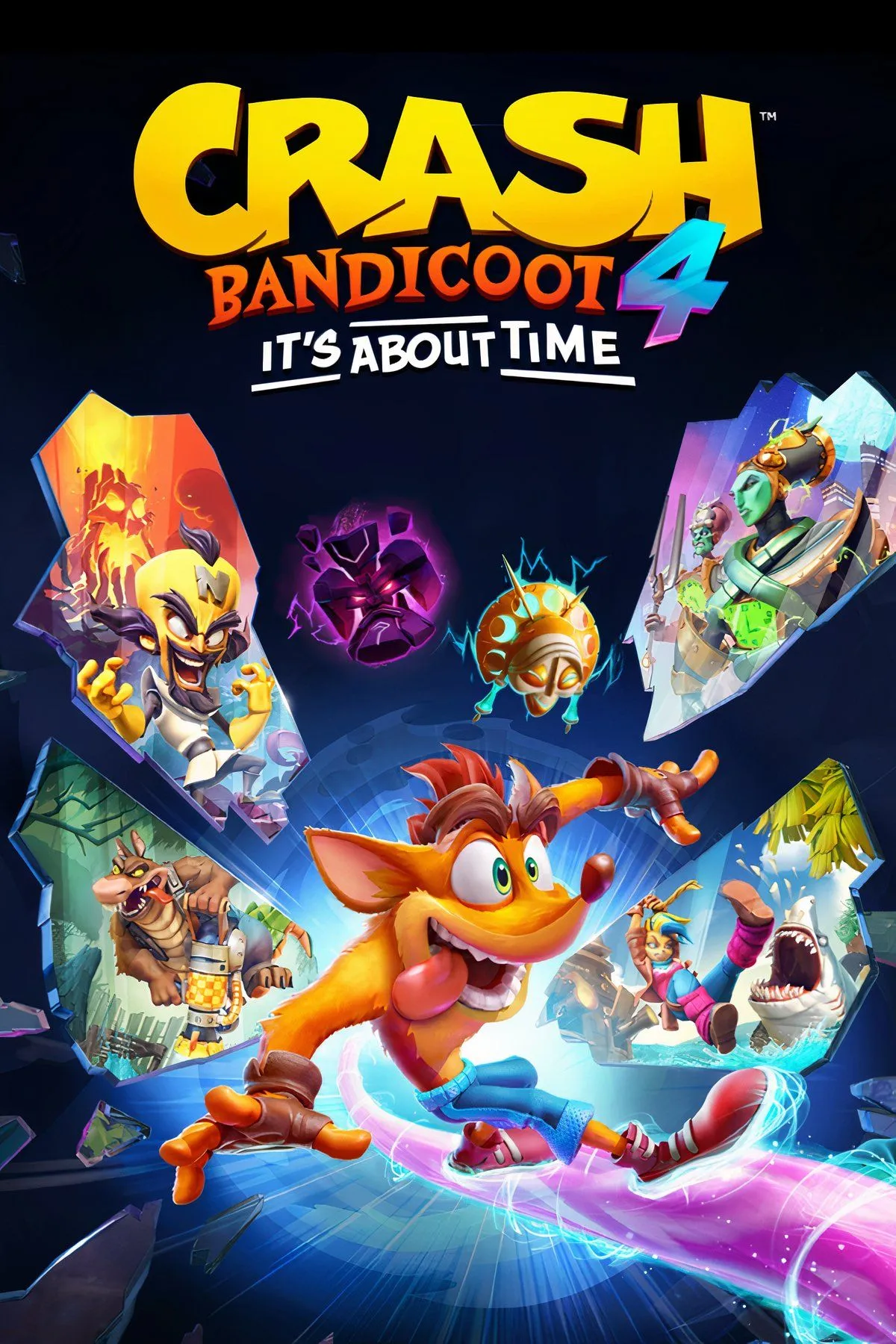 Crash Bandicoot 4: It's About Time, cảnh Crash và Coco đang nhảy qua các nền tảng đầy màu sắc trong môi trường game