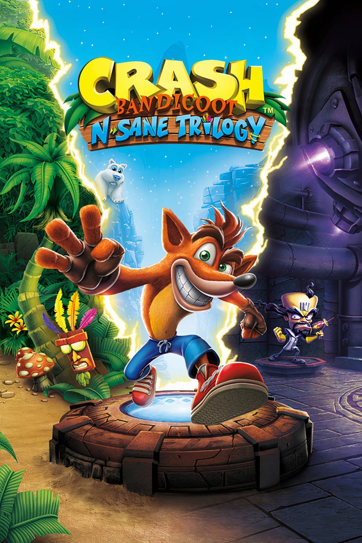 Crash Bandicoot đang chạy và nhảy trong môi trường rừng nhiệt đới sống động của N. Sane Trilogy.