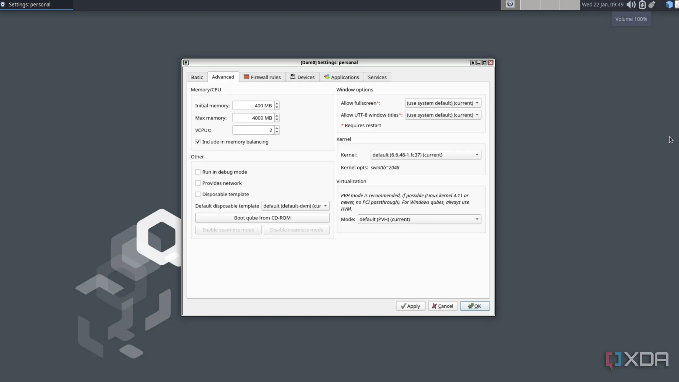 Cửa sổ cài đặt chi tiết để tùy chỉnh các qubes trong Qubes OS