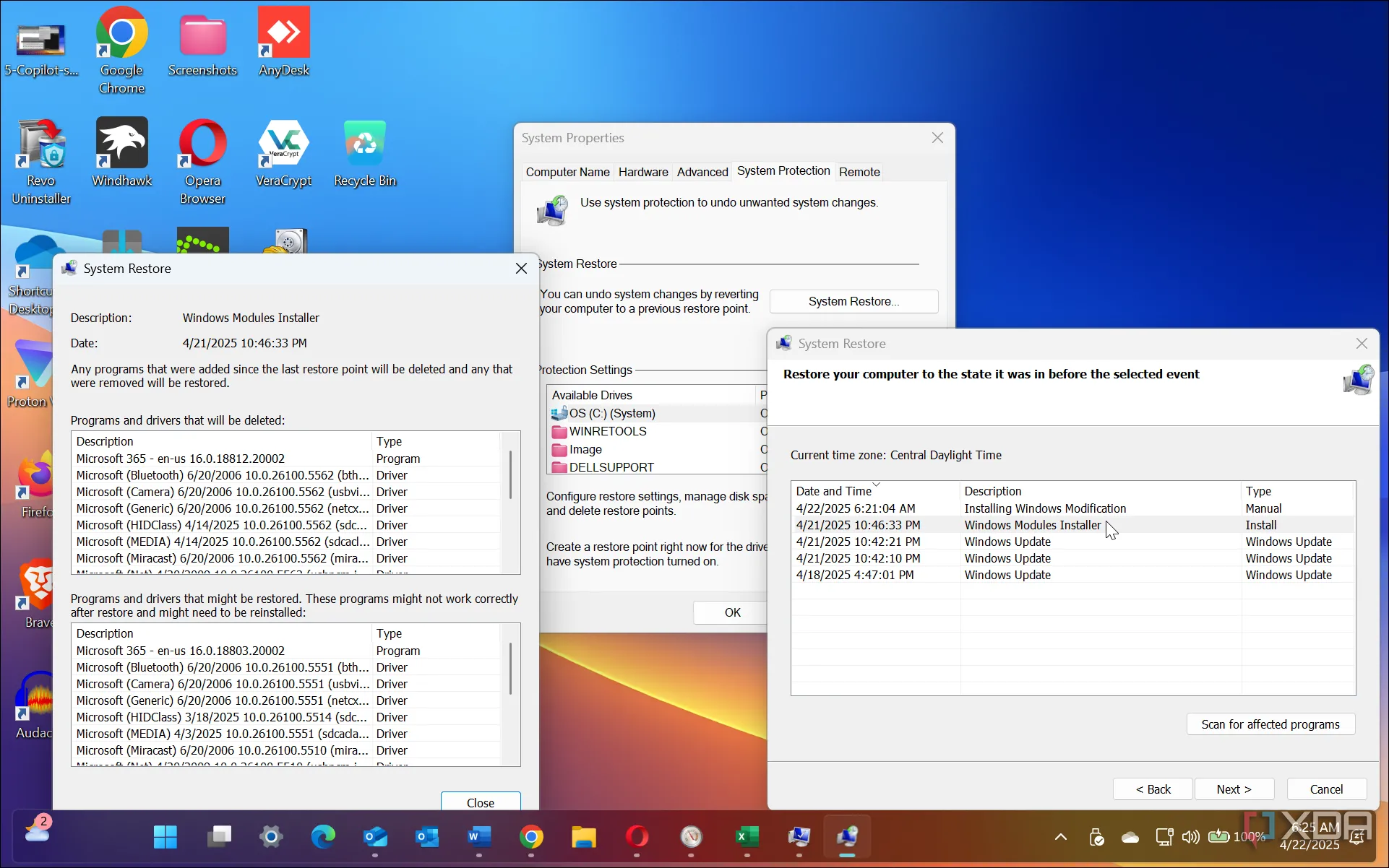 Cửa sổ chọn điểm khôi phục hệ thống trên Windows 11