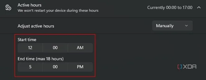 Cửa sổ chọn thời gian bắt đầu và kết thúc cho Giờ hoạt động để ngăn Windows tự khởi động lại