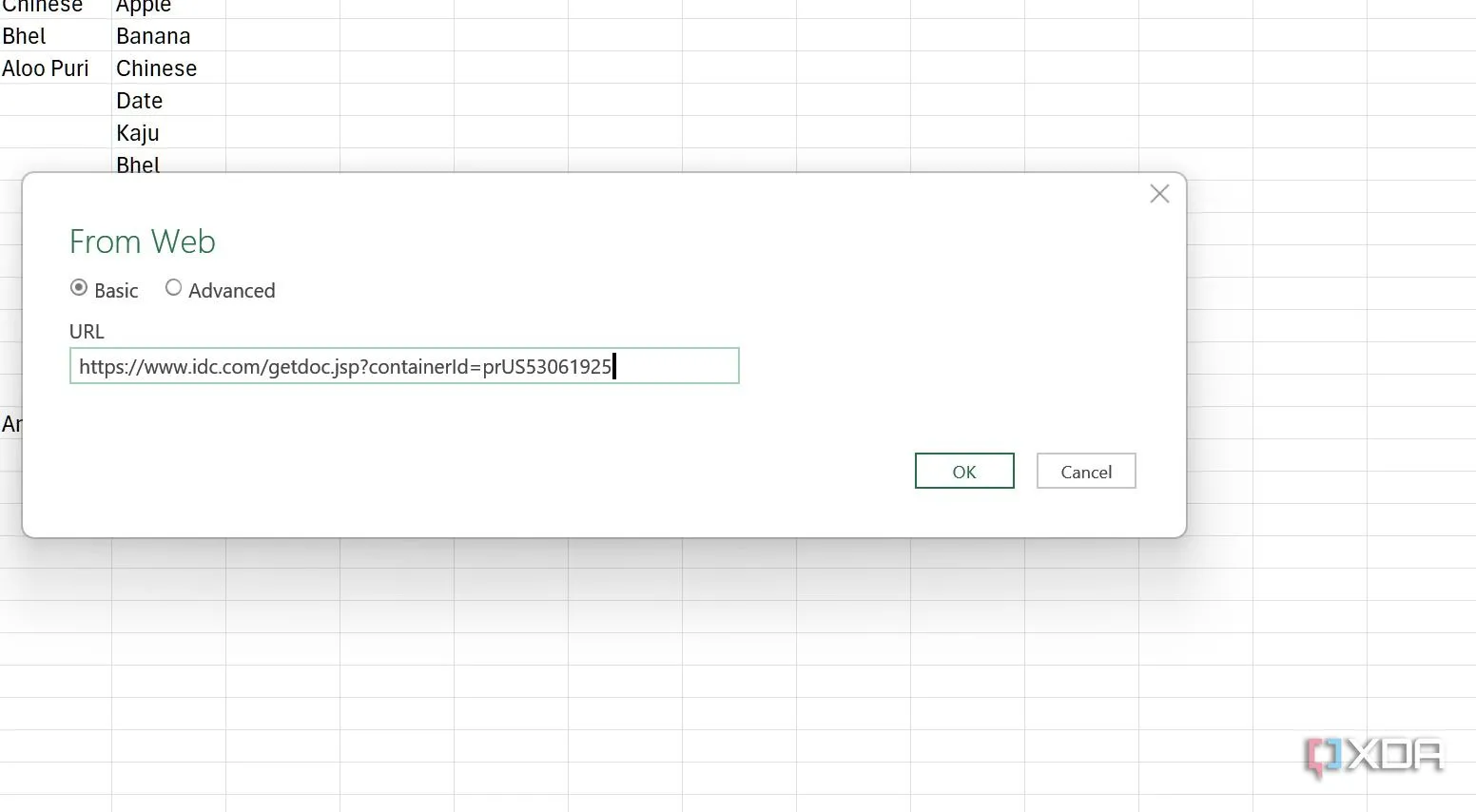Cửa sổ &quot;From Web&quot; trong Excel yêu cầu nhập URL trang web để lấy dữ liệu