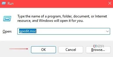 Cửa sổ lệnh Run với gpedit.msc để mở Trình chỉnh sửa Chính sách Nhóm