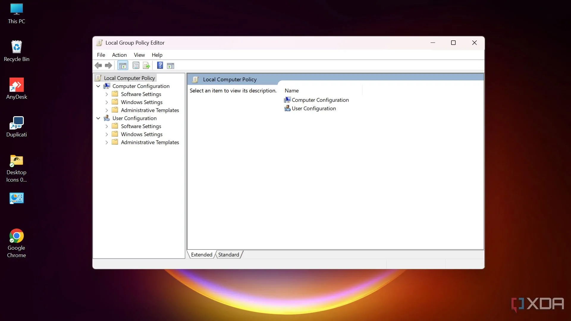 Cửa sổ Local Group Policy Editor trên máy tính Windows, cho phép cấu hình chính sách hệ thống nâng cao