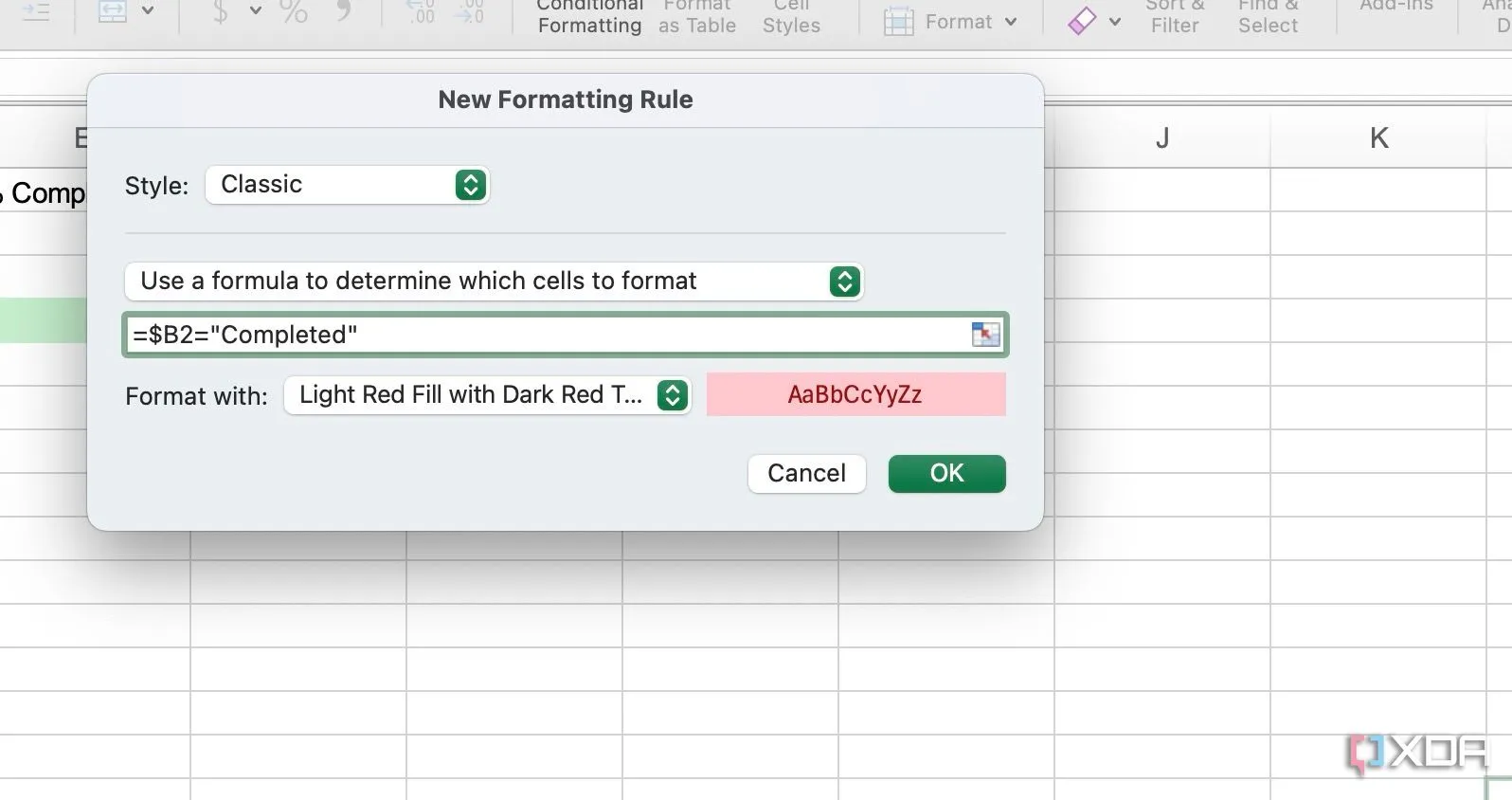 Cửa sổ &quot;New Formatting Rule&quot; trong Excel, chọn kiểu &quot;Use a formula to determine which cells to format&quot; và nhập công thức định dạng