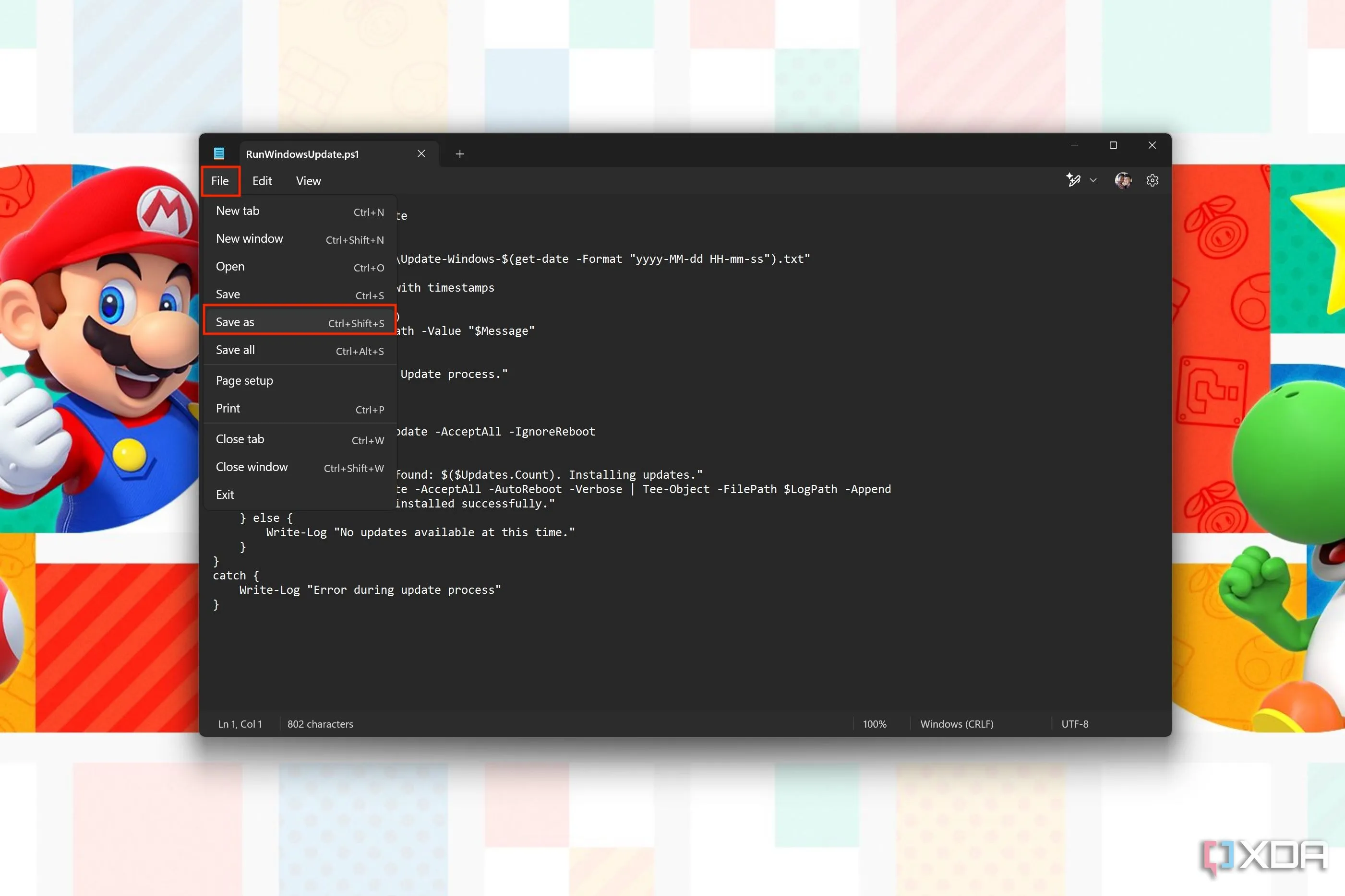Cửa sổ Notepad với tùy chọn 'Save as' để lưu tập tin batch script tự động hóa tác vụ file