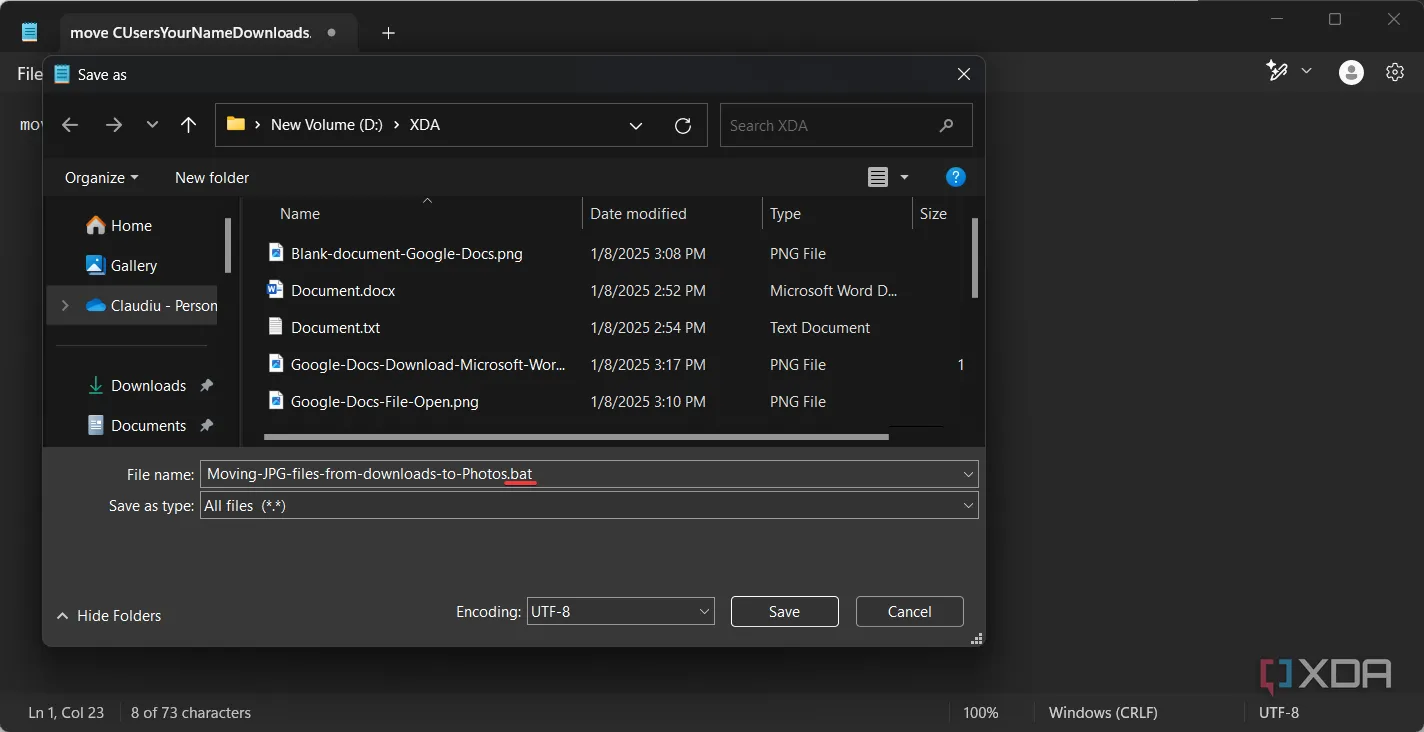 Cửa sổ 'Save As' để đặt tên và lưu file batch với đuôi '.bat' trên Windows