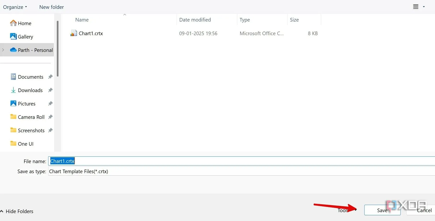 Cửa sổ &quot;Save Chart Template&quot; trong Excel để lưu biểu đồ dưới dạng tệp tin mẫu