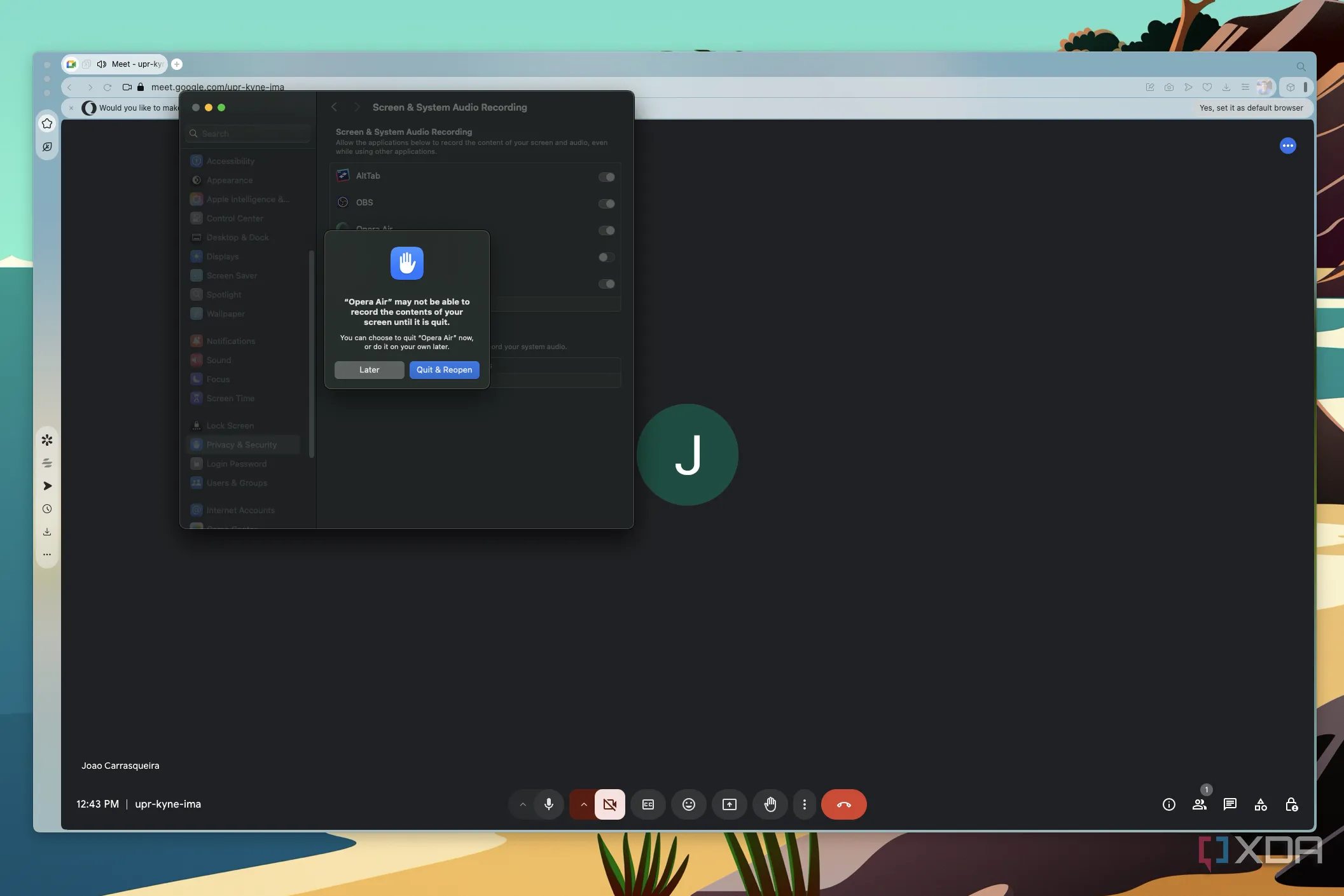 Cửa sổ thông báo trên macOS yêu cầu khởi động lại ứng dụng để áp dụng thay đổi quyền truy cập màn hình.