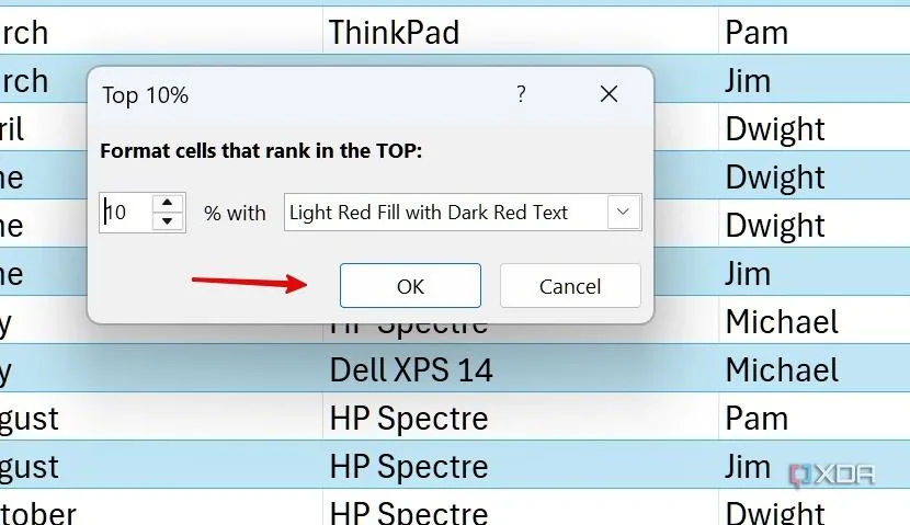 Cửa sổ &quot;Top 10% Conditional Formatting&quot; để chọn kiểu định dạng cho các ô