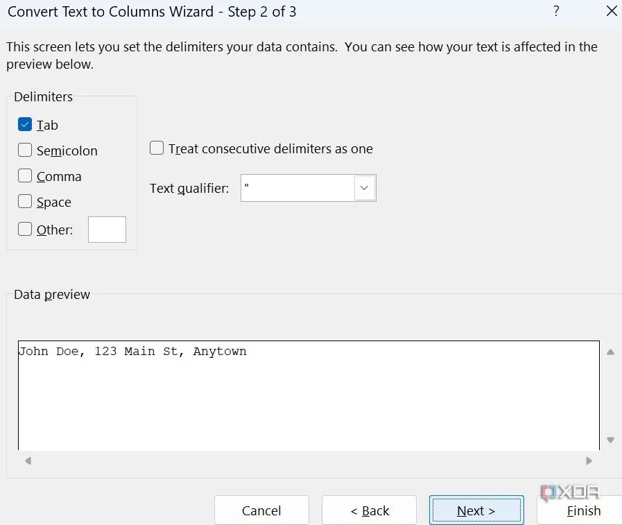 Cửa sổ Wizard &quot;Convert Text to Columns&quot; trong Excel hiển thị tùy chọn Delimited