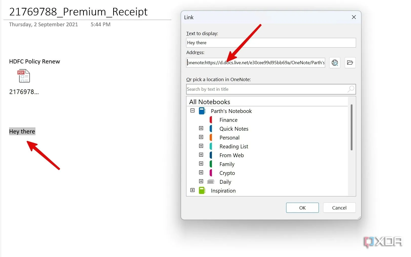 Dán liên kết đã sao chép vào một đoạn văn bản được chọn trong OneNote