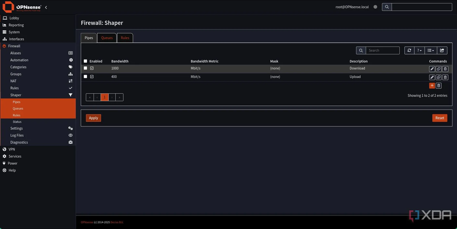 Danh sách các Pipe Download và Upload đã được cấu hình thành công trong Traffic Shaping của OPNsense.