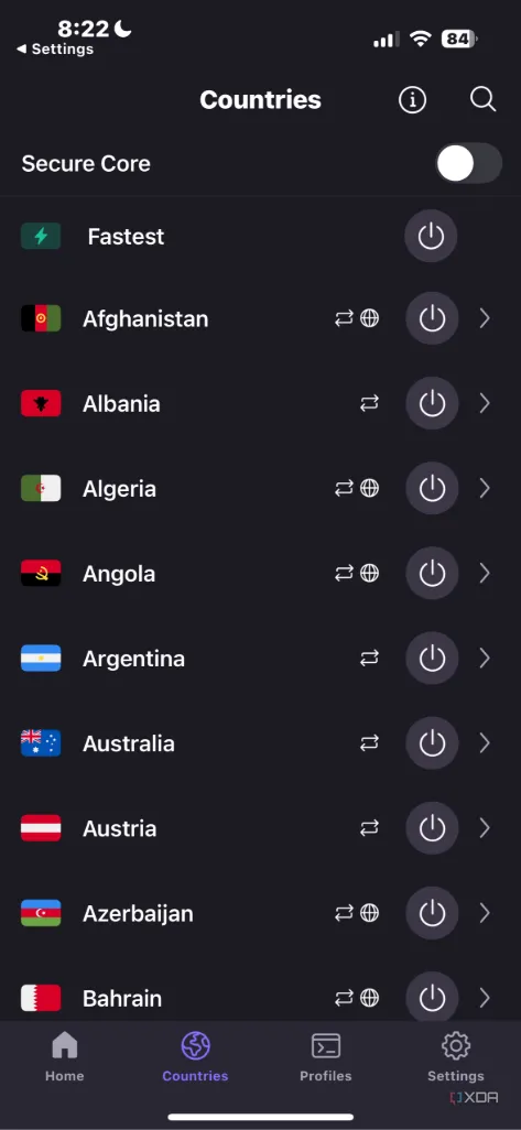 Danh sách các quốc gia máy chủ trên ứng dụng Proton VPN di động