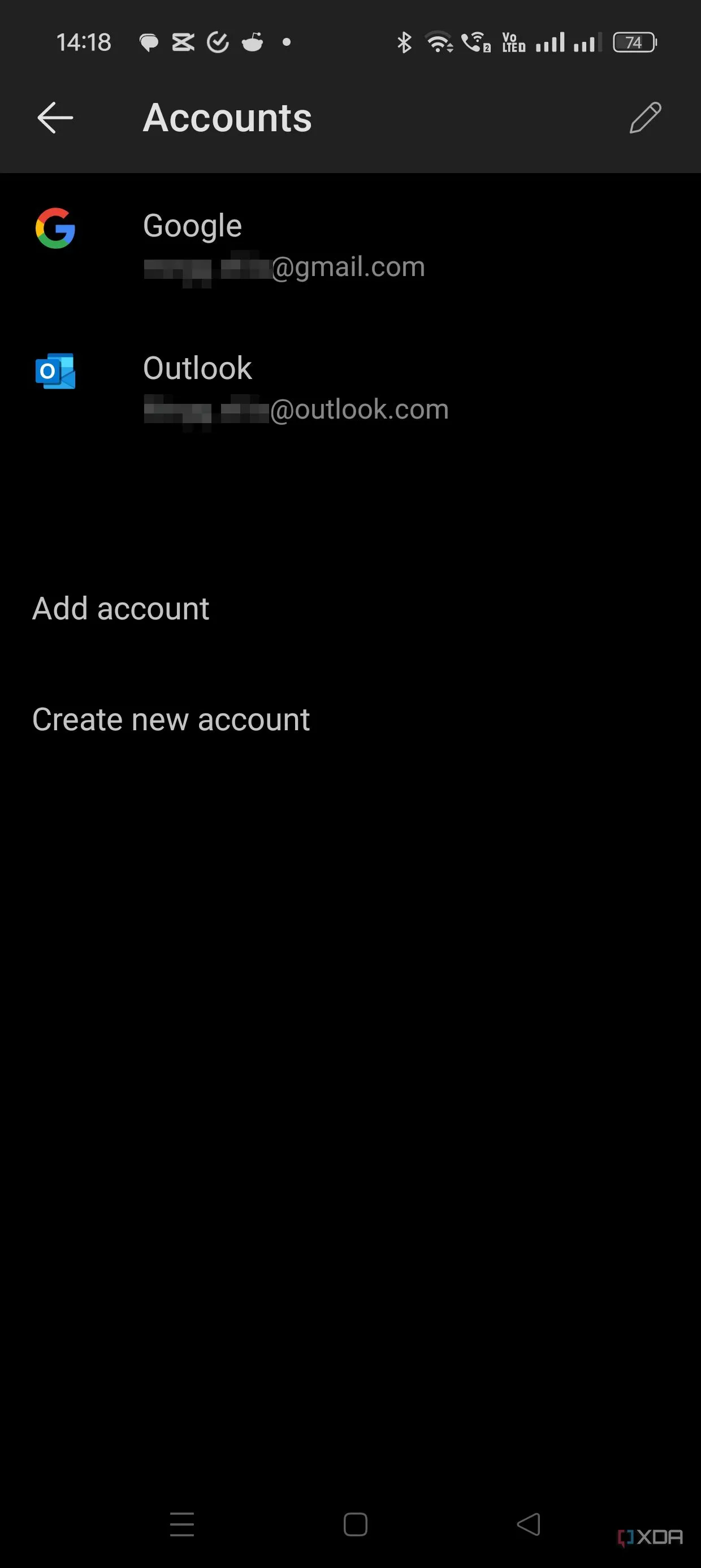 Danh sách các tài khoản đã liên kết trong ứng dụng Outlook