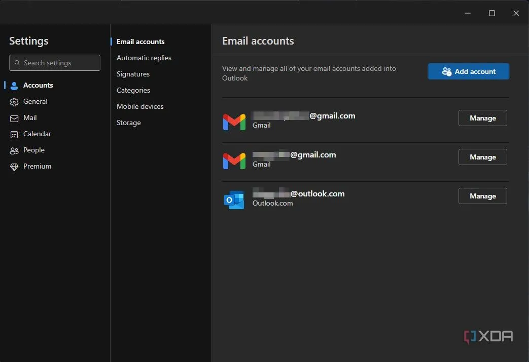 Danh sách các tài khoản email đã liên kết trong Outlook cùng tùy chọn quản lý chi tiết