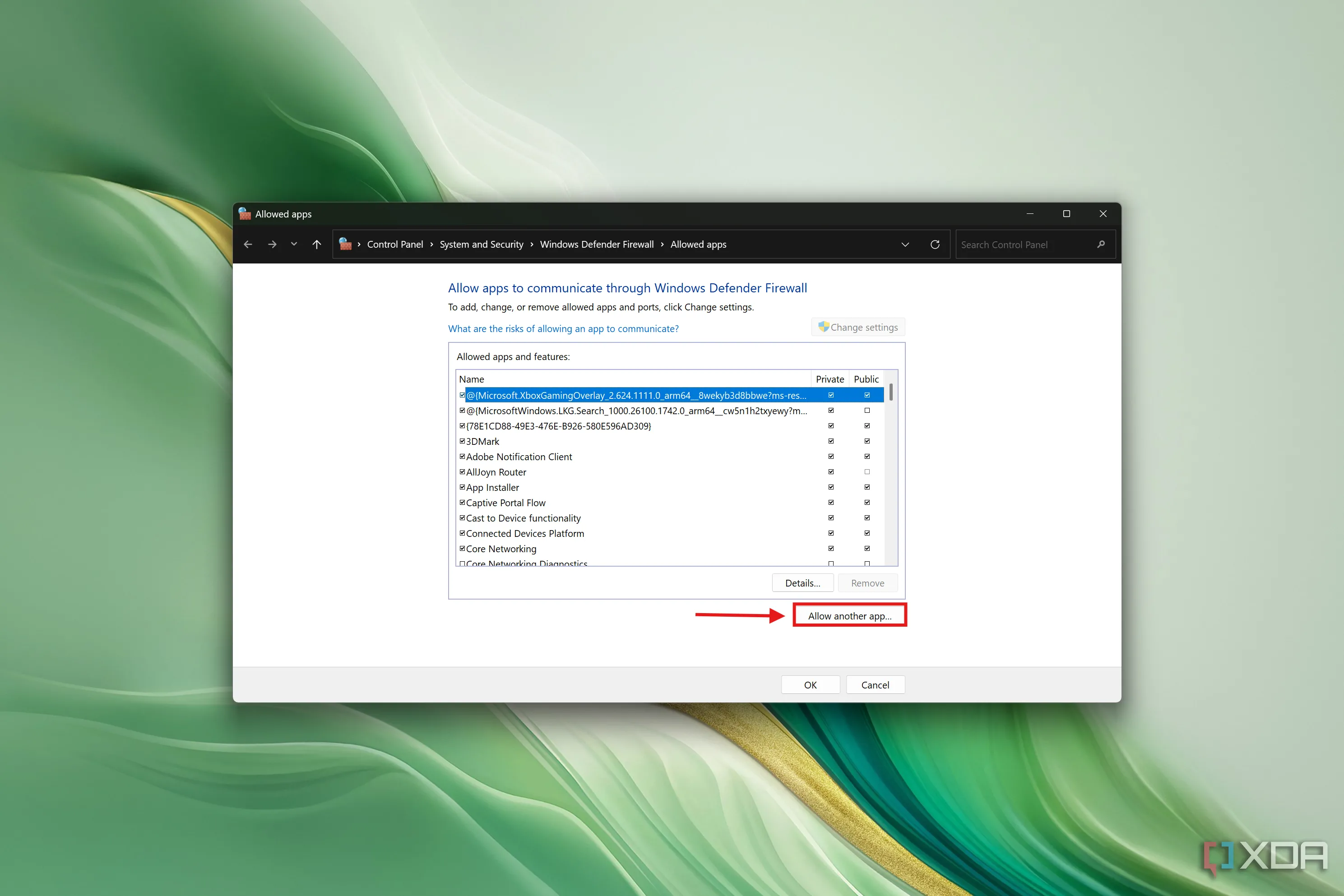 Danh sách ứng dụng được phép của Tường lửa Windows với nút &quot;Allow another app&quot; được làm nổi bật