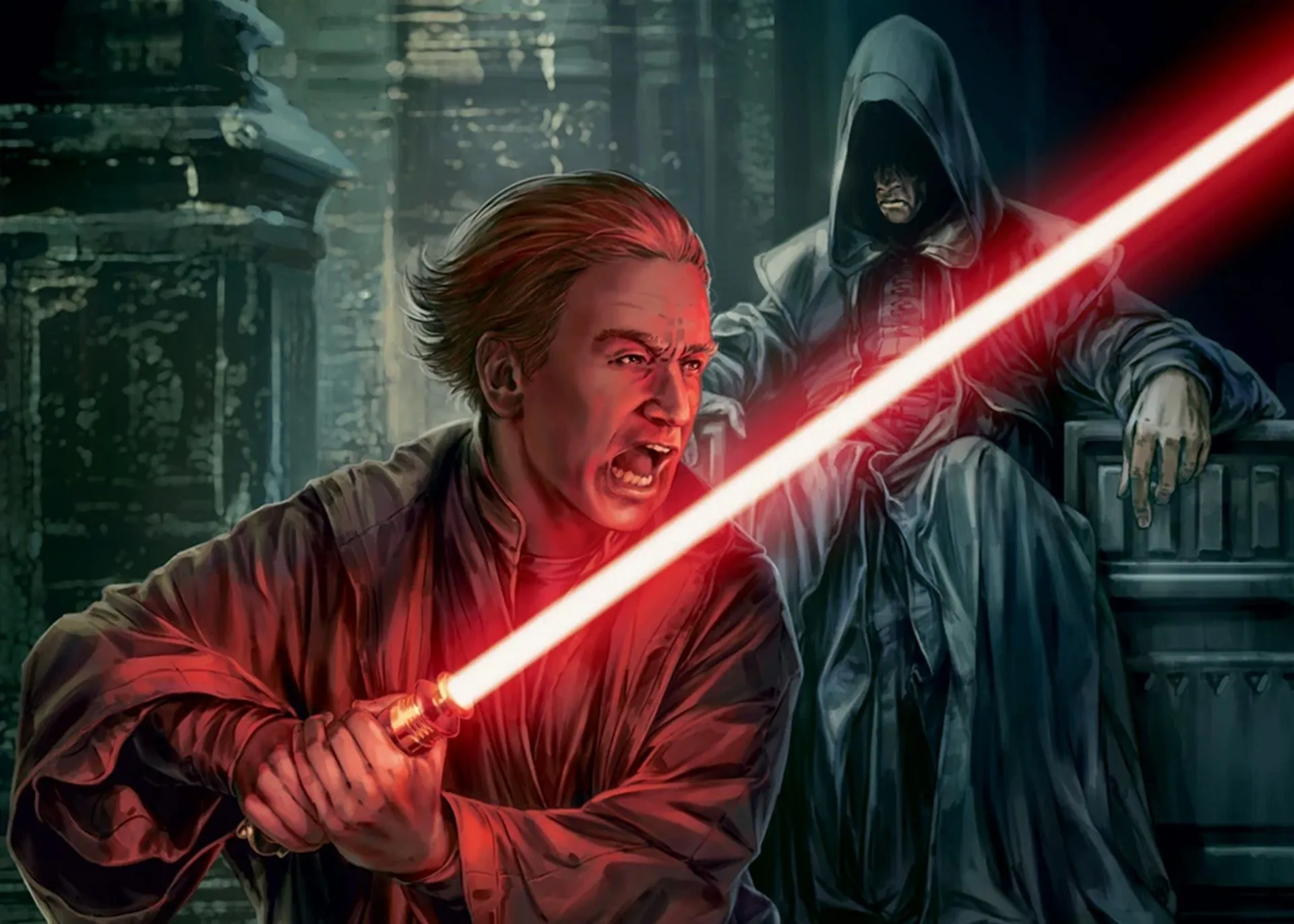 Darth Plagueis huấn luyện Hoàng đế Palpatine từ sách Jedi vs. Sith: Hướng dẫn Thiết yếu về Thần Lực, khắc họa mối quan hệ thầy trò giữa hai nhân vật Sith quyền năng.