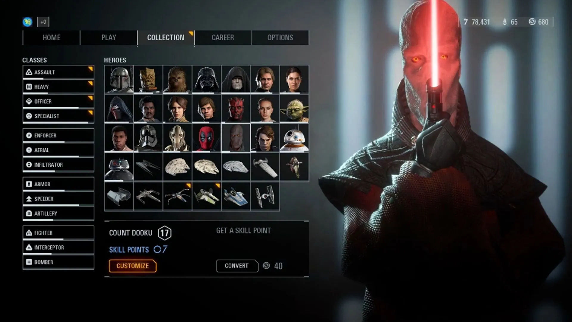 Darth Plagueis trong một bản mod của Star Wars Battlefront 2, thể hiện sự xuất hiện của nhân vật huyền thoại này trong game.
