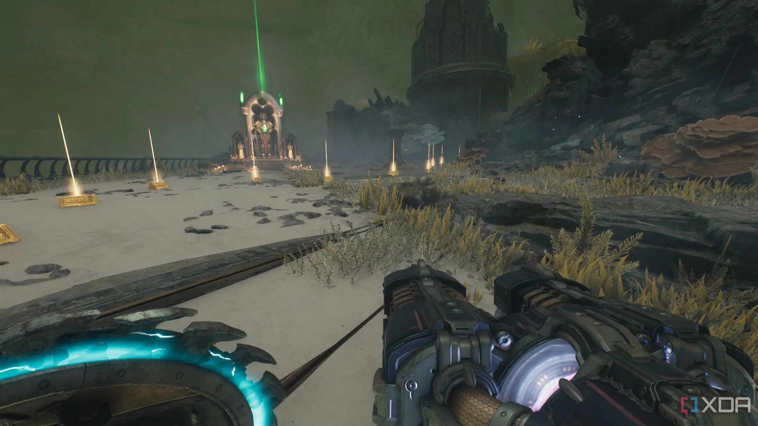 Dãy thanh vàng trước Sentinel Shrine trong Chapter 14 Doom The Dark Ages