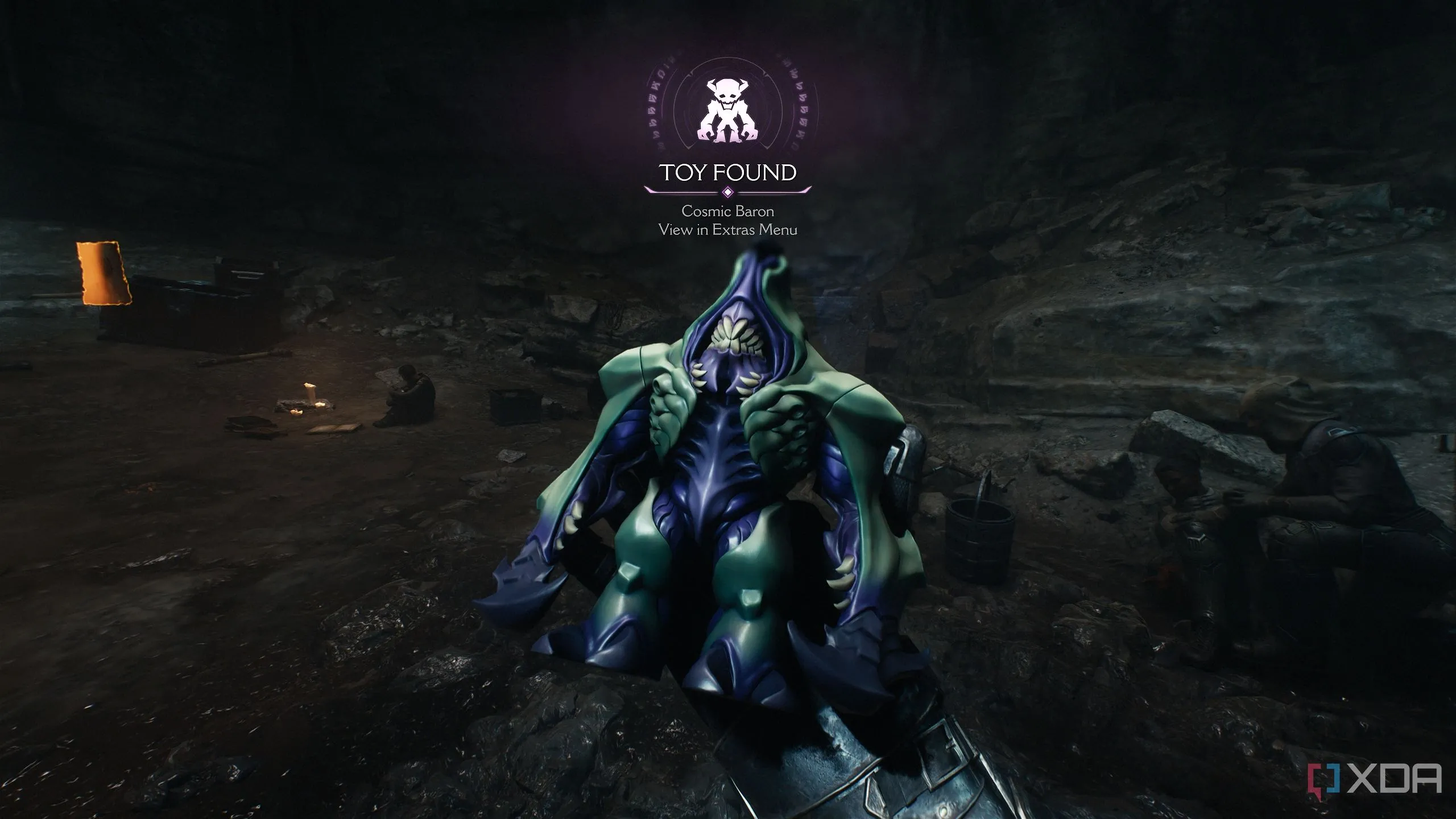 Đồ chơi sưu tầm Cosmic Baron nằm trên một kệ đá trong khu vực bí mật 10 của Chương 20 Doom The Dark Ages.
