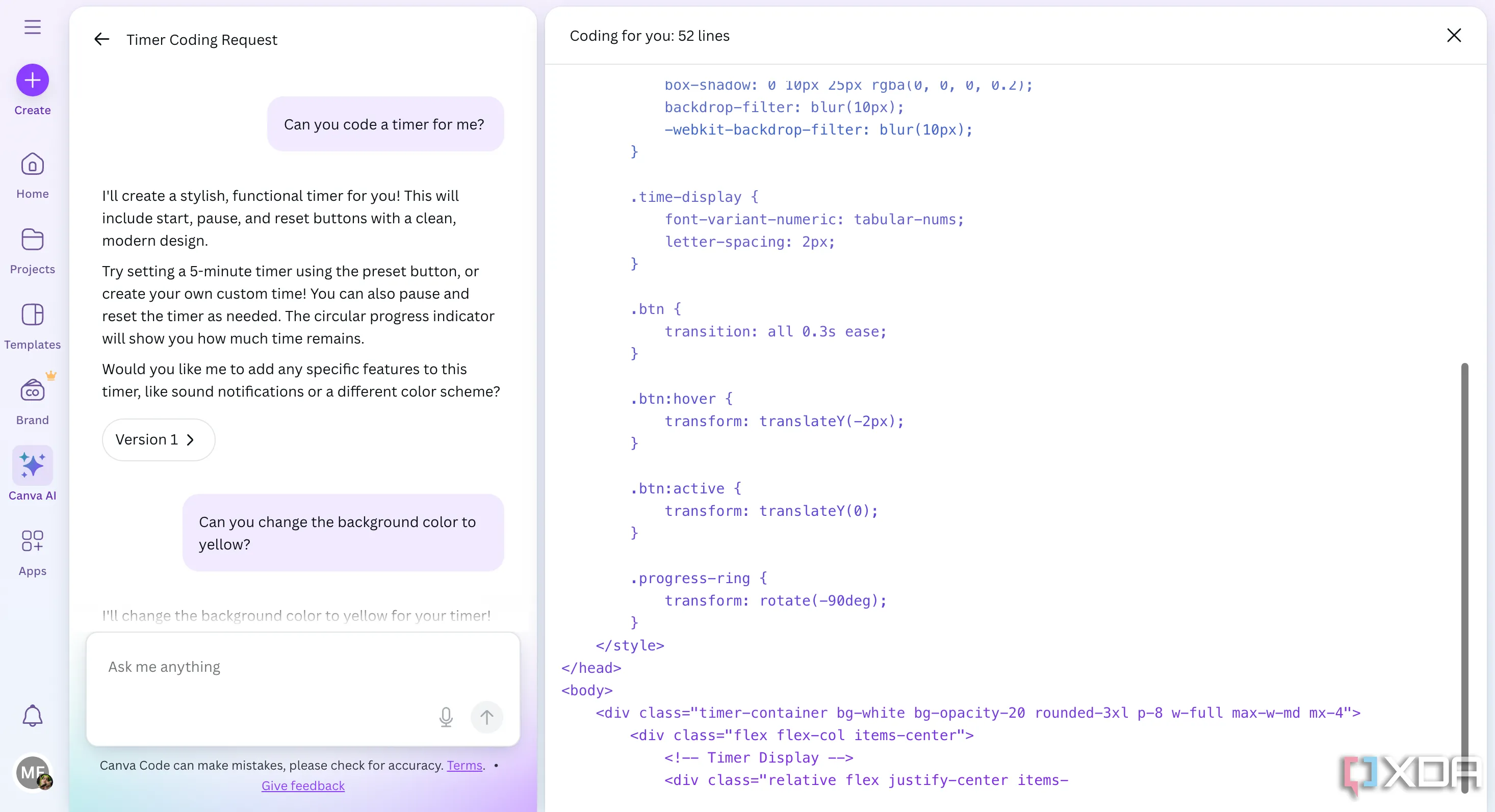 Đoạn mã được tạo bởi Canva Code, cho phép người dùng tùy chỉnh trực tiếp nếu có kiến thức lập trình