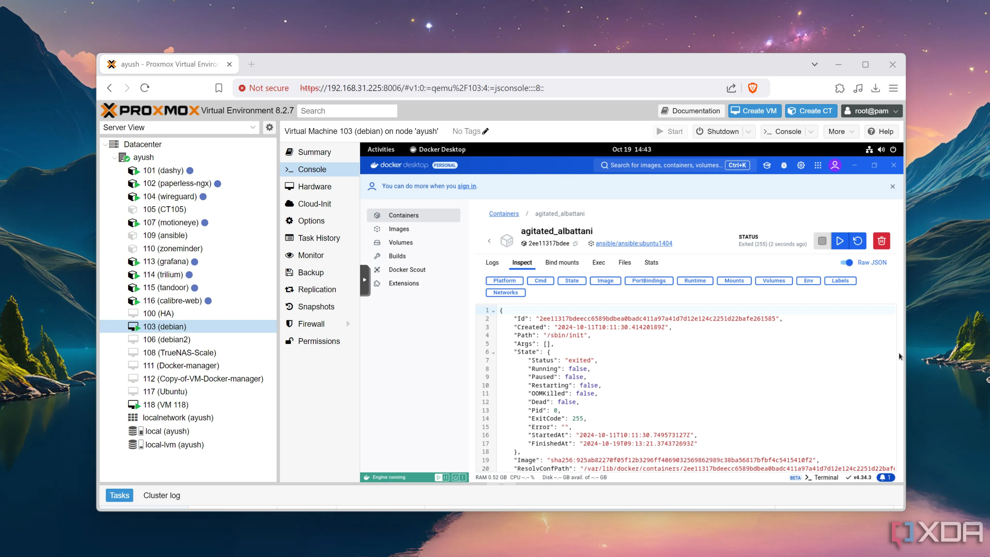 Docker Desktop đang chạy bên trong máy ảo Debian trên máy chủ Proxmox, minh họa cách thức quản lý container truyền thống trong Home Lab.