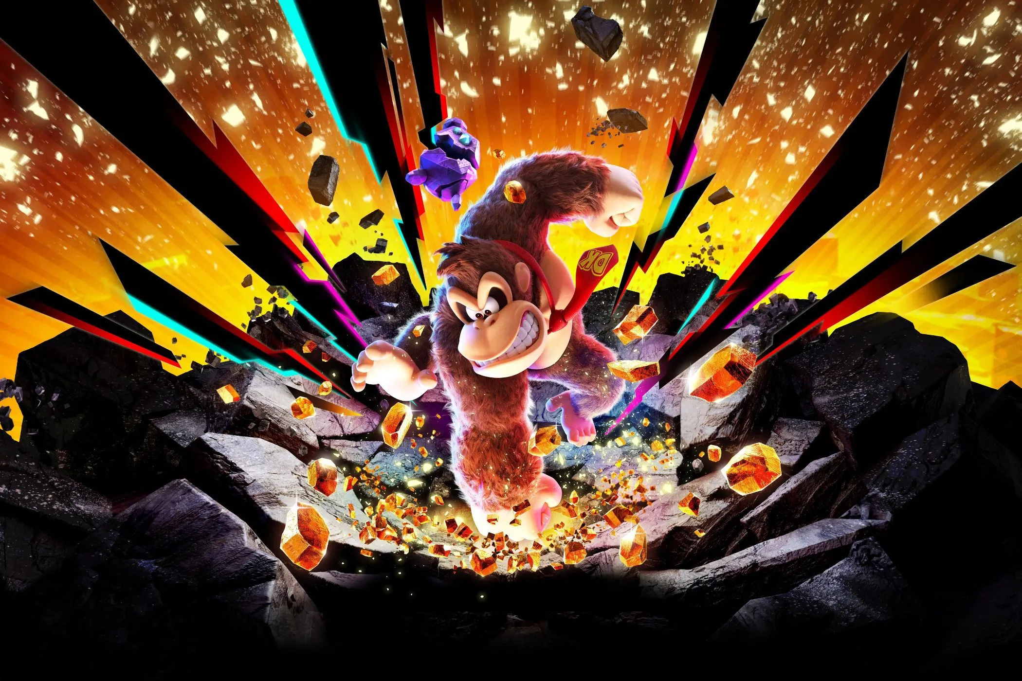 Donkey Kong đang đập xuống đất, thể hiện cơ chế phá hủy môi trường trong game Donkey Kong Bananza.