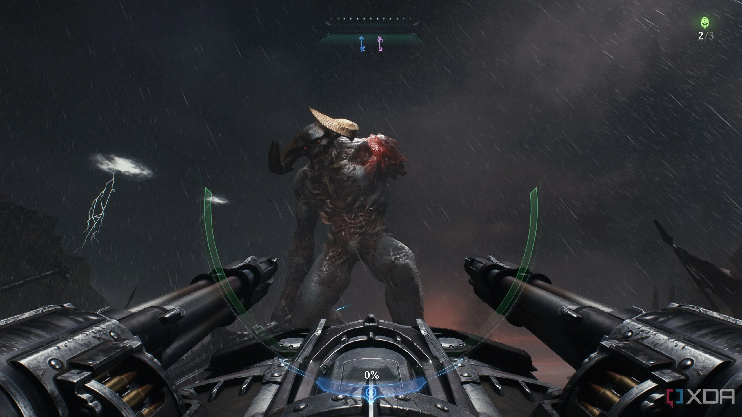 Doom Slayer bắn tháp pháo vào một titan quỷ dữ đồ sộ trong Doom: The Dark Ages.