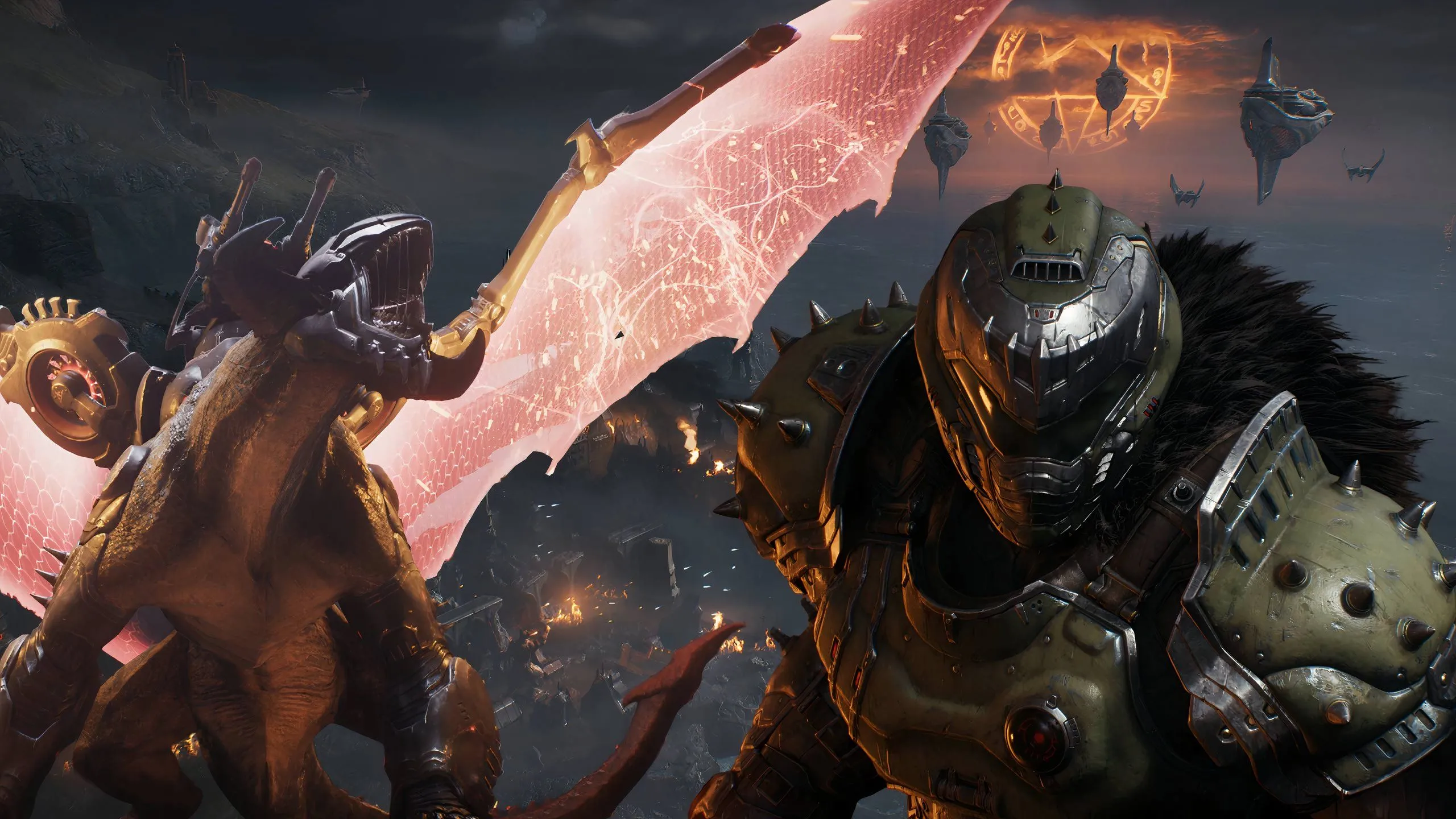 Doom Slayer cưỡi rồng bay lượn trong Doom The Dark Ages, một trong những cơ chế gameplay gây tranh cãi