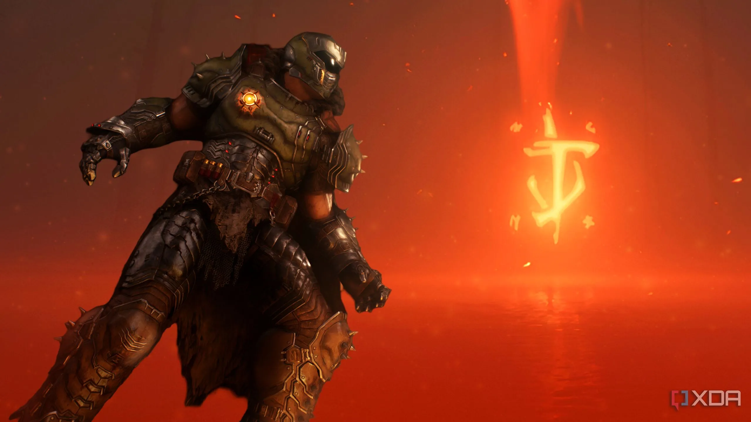 Doom Slayer tiến về phía Dấu ấn Quái thú trong Doom: The Dark Ages, thể hiện tinh thần anh hùng bất khuất