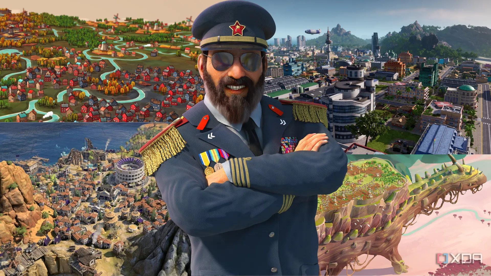 El President từ Tropico trước nền các game xây dựng thành phố, liên quan đến SimCity 2000