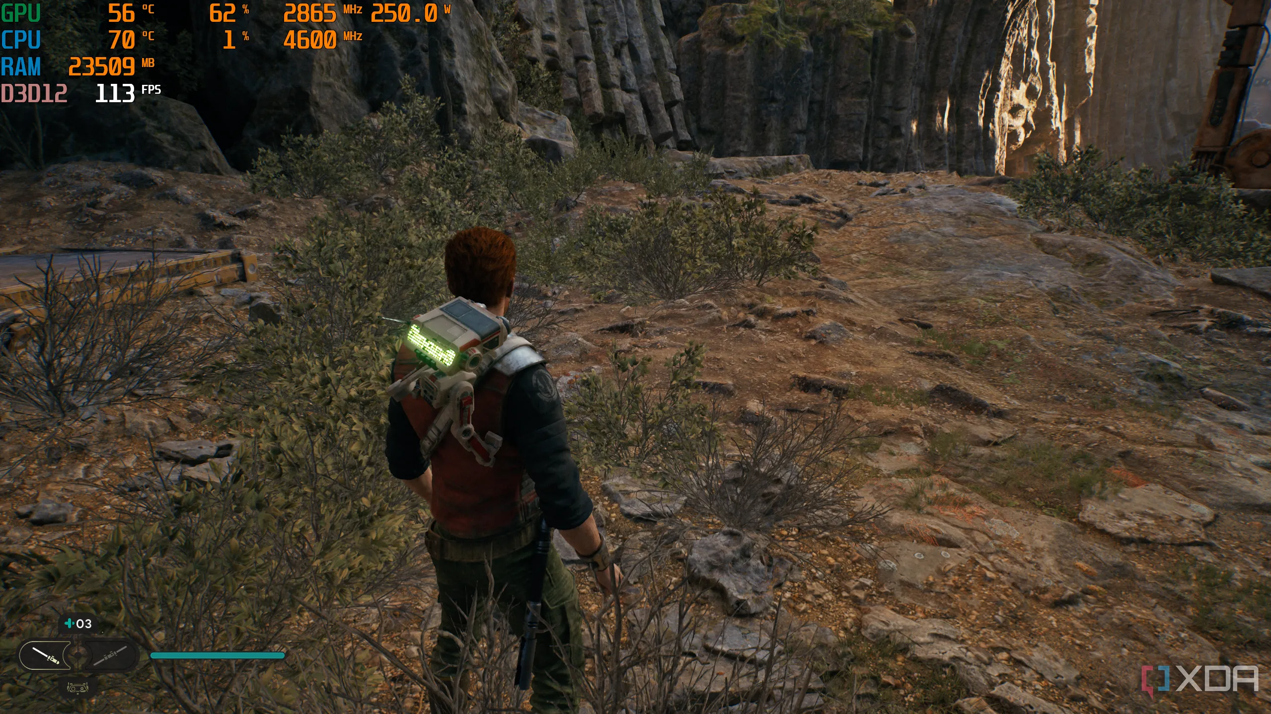 Game Jedi Survivor đang chạy trên PC với phần mềm MSI Afterburner hiển thị thông số hiệu năng, cho thấy sự thiếu tối ưu của game AAA