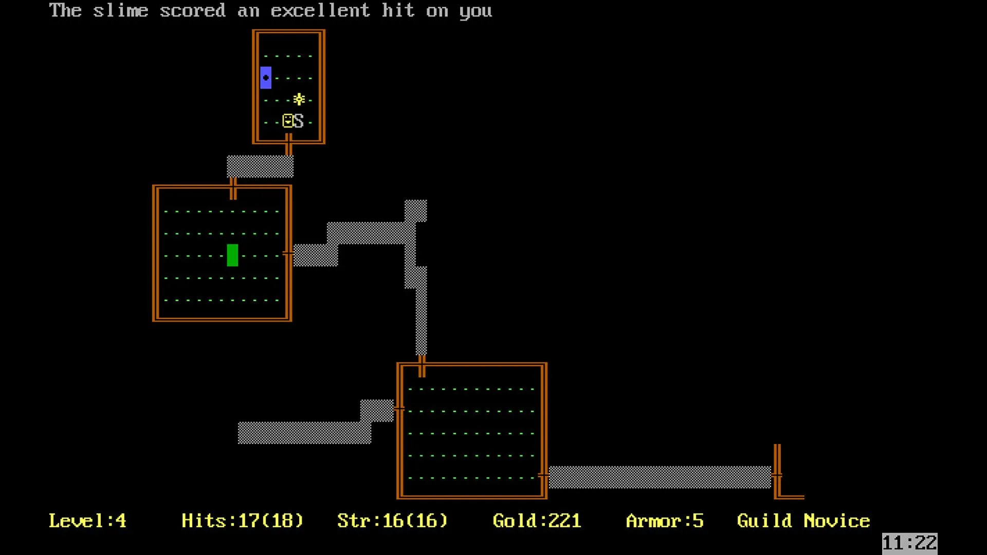 Gameplay của Rogue với giao diện đồ họa ASCII thể hiện mê cung và nhân vật