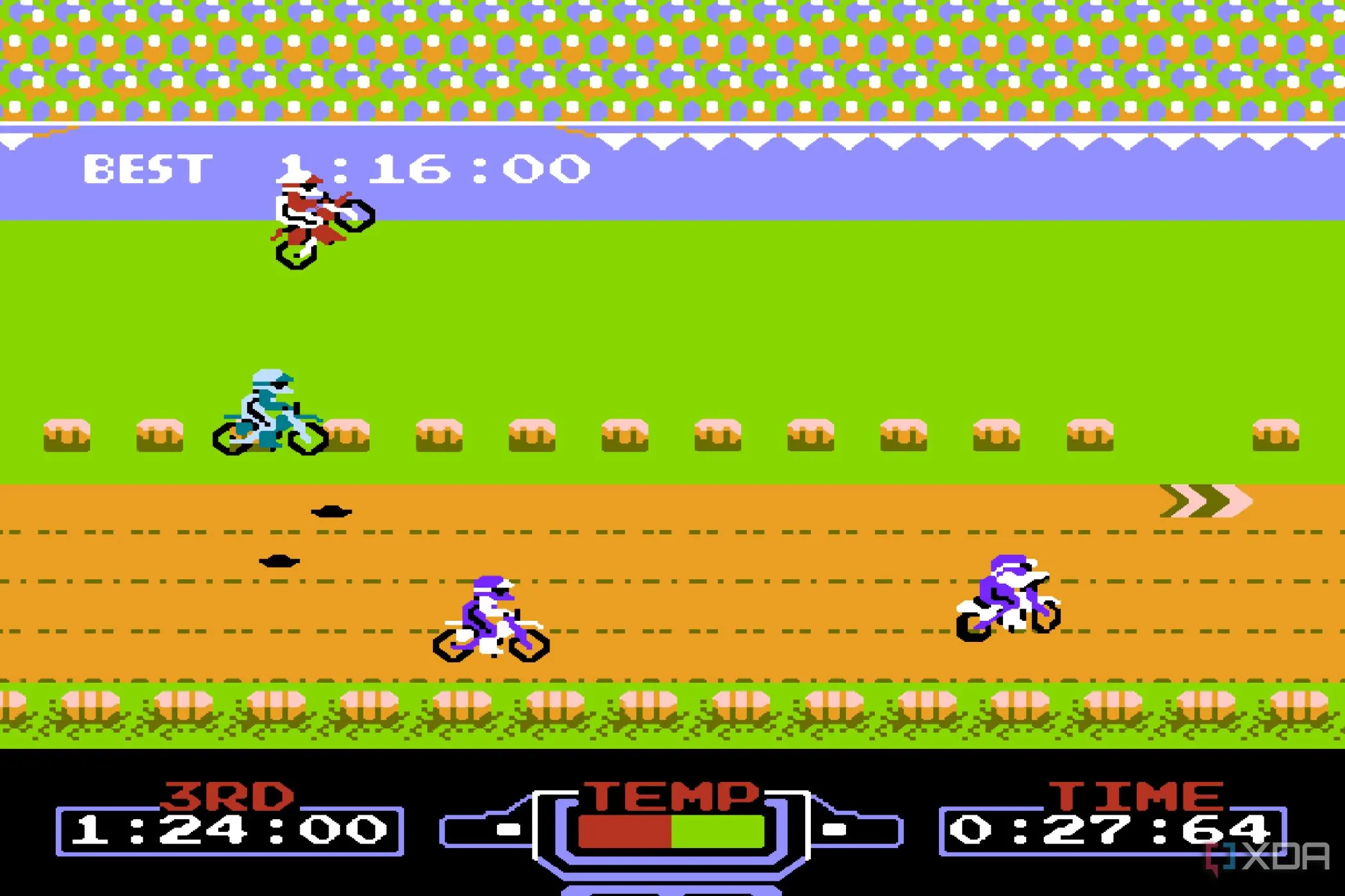 Gameplay Excitebike trên hệ máy NES, mô phỏng trò đua xe mô tô cổ điển.