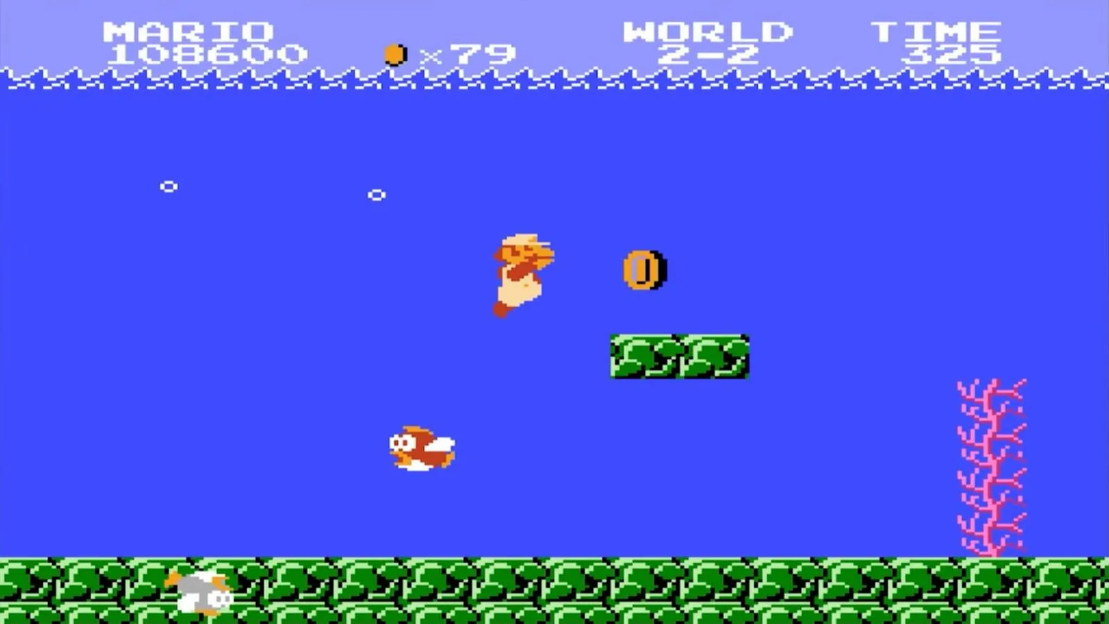 Gameplay Super Mario Bros. với nhân vật Mario trong màn chơi dưới nước