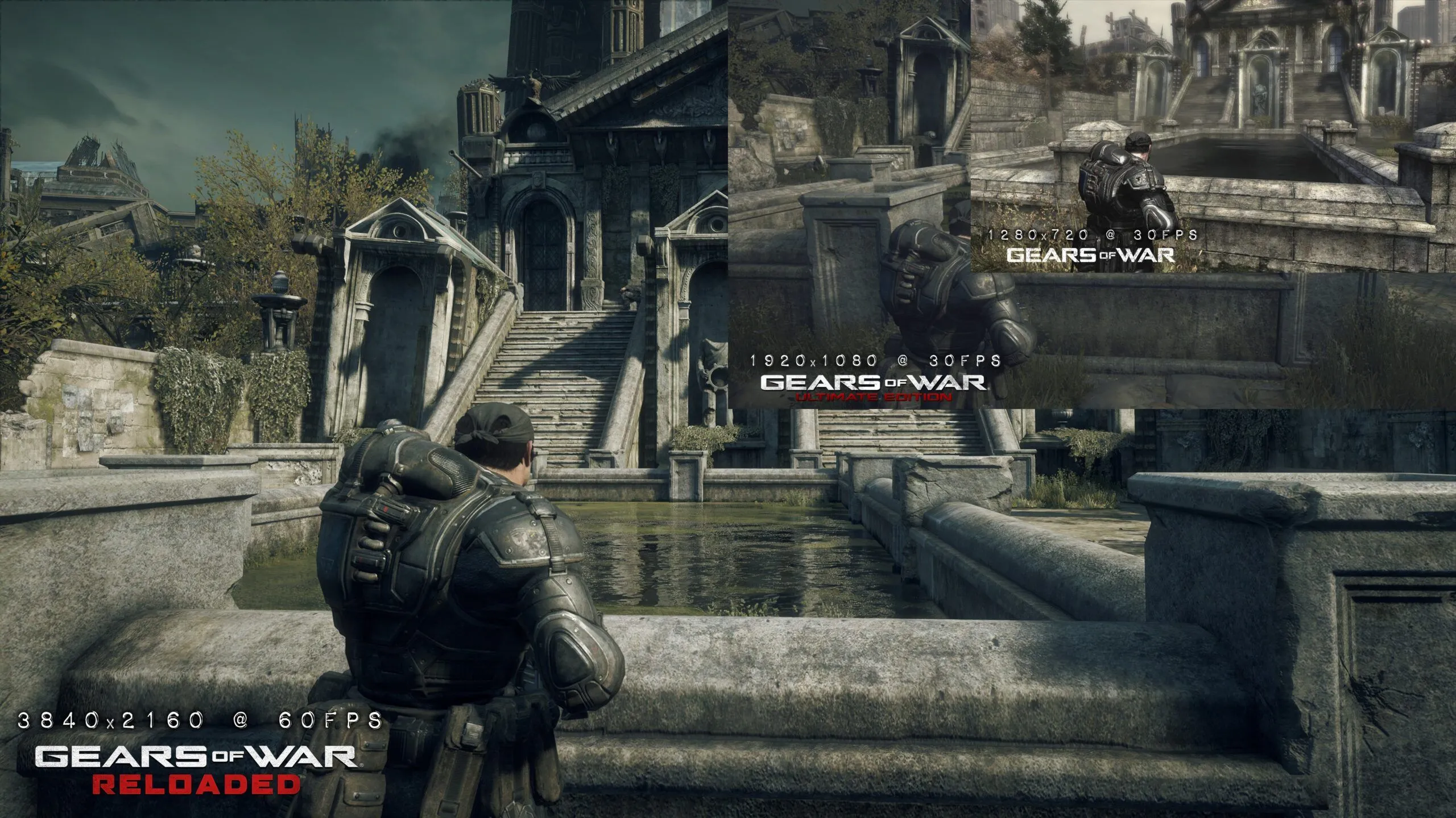 Gears of War Reloaded logo hiển thị trên cảnh quan đổ nát, minh họa cho phiên bản remaster game hành động ra mắt trên PlayStation 5