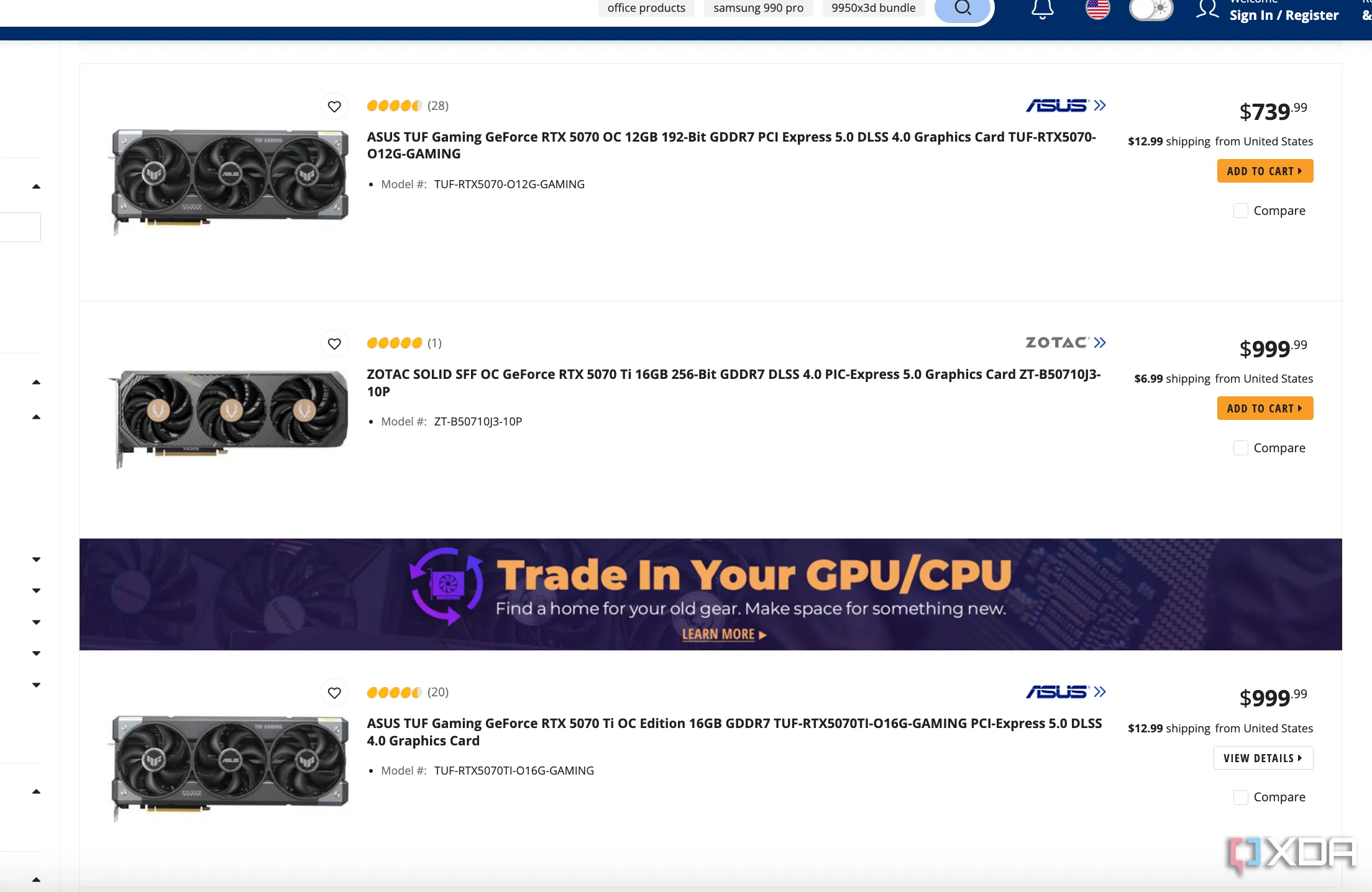Giá bán card đồ họa Nvidia RTX 50-series trên Newegg