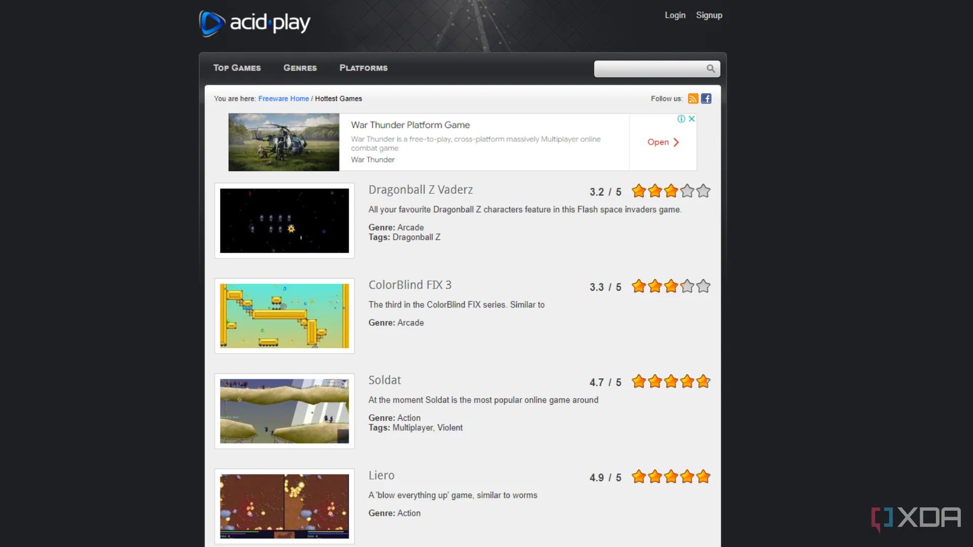 Giao diện Acid Play hiển thị các game freeware và indie