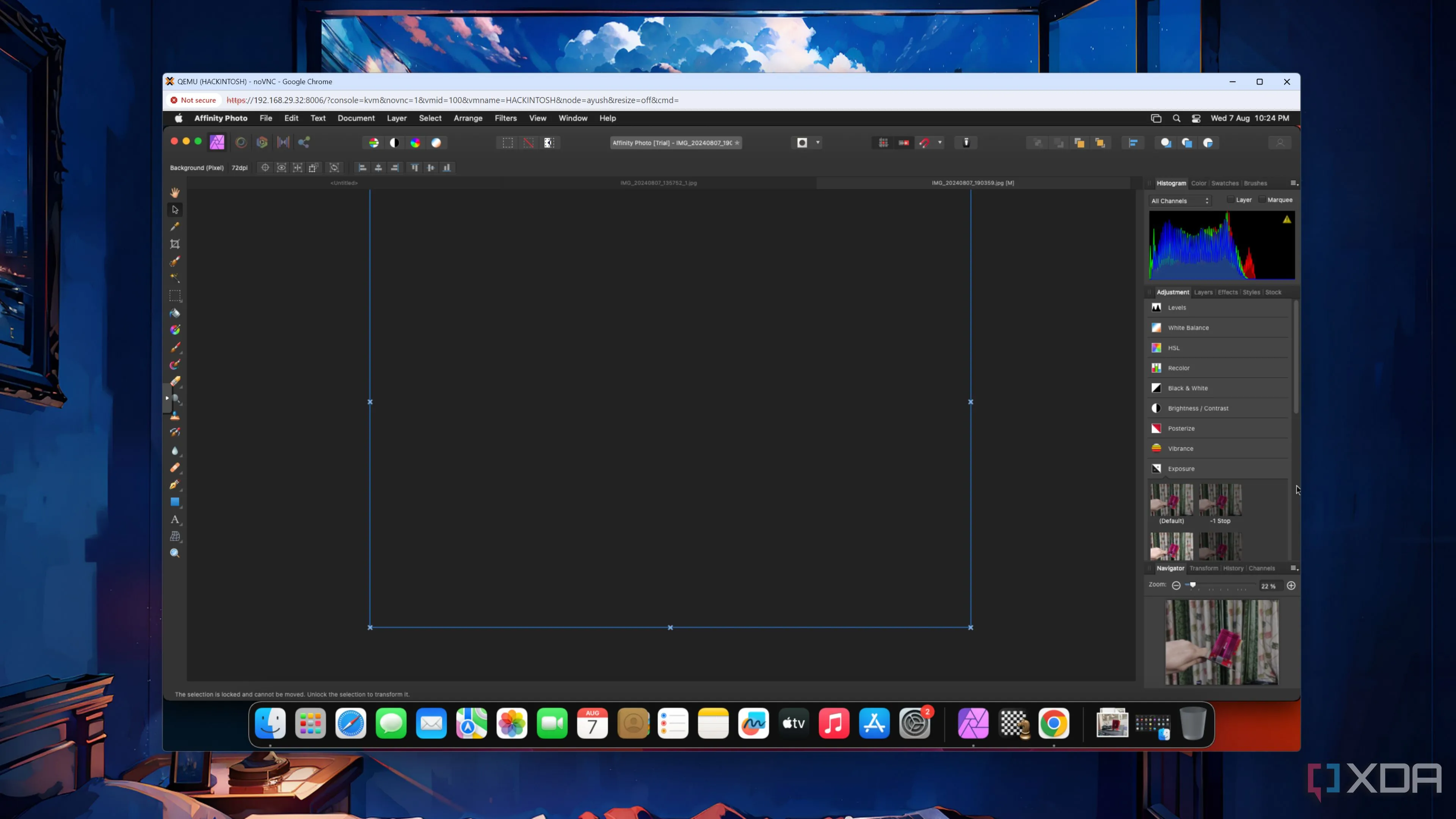 Giao diện Affinity Photo hiển thị trên máy ảo macOS Ventura, minh họa bố cục tương tự Adobe.