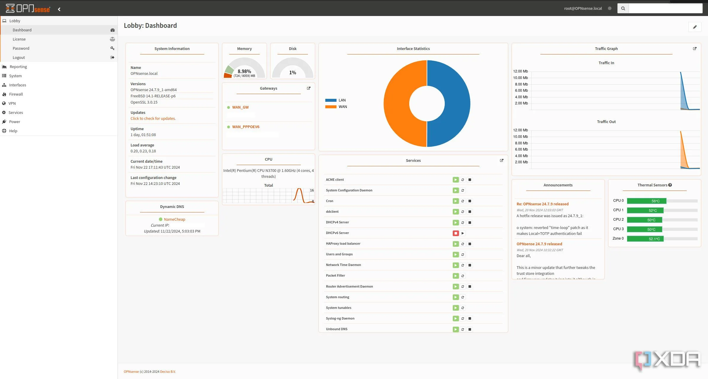 Giao diện bảng điều khiển (dashboard) OPNsense hiển thị trạng thái hệ thống, kết nối mạng và tài nguyên sử dụng.
