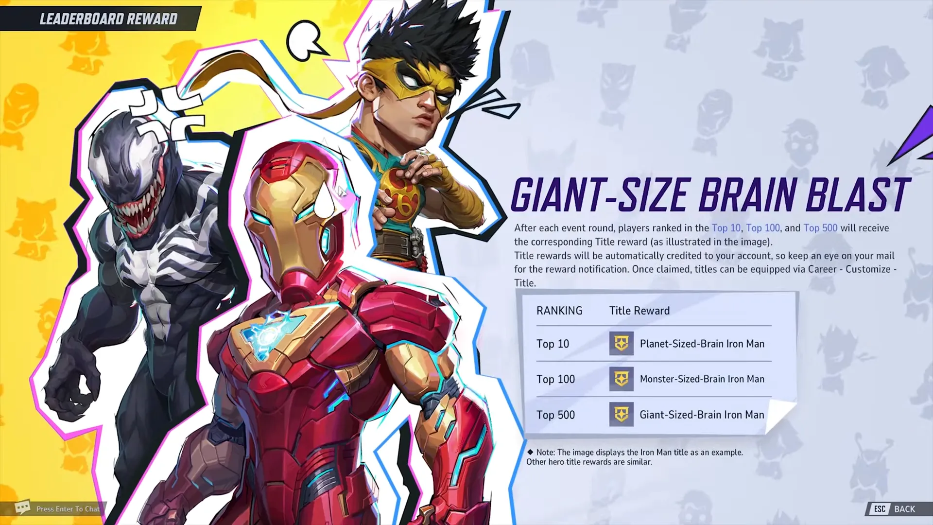 Giao diện bảng xếp hạng sự kiện Giant-Size Brain Blast trong Marvel Rivals hiển thị các nhân vật và thứ hạng.
