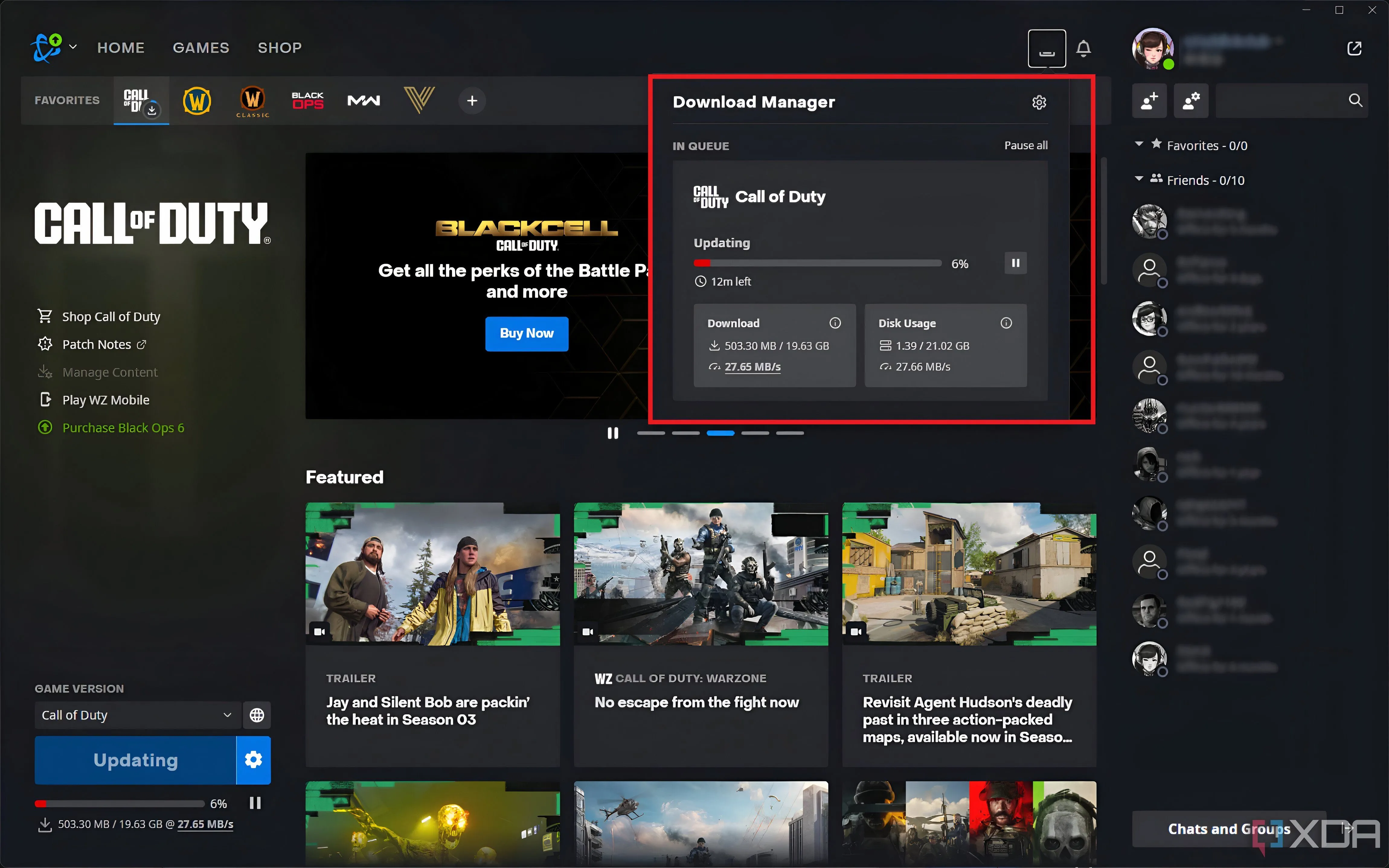 Giao diện Battle.net đang cập nhật Call of Duty: Modern Warfare, minh họa cho việc các bản vá và DLC làm tăng kích thước game