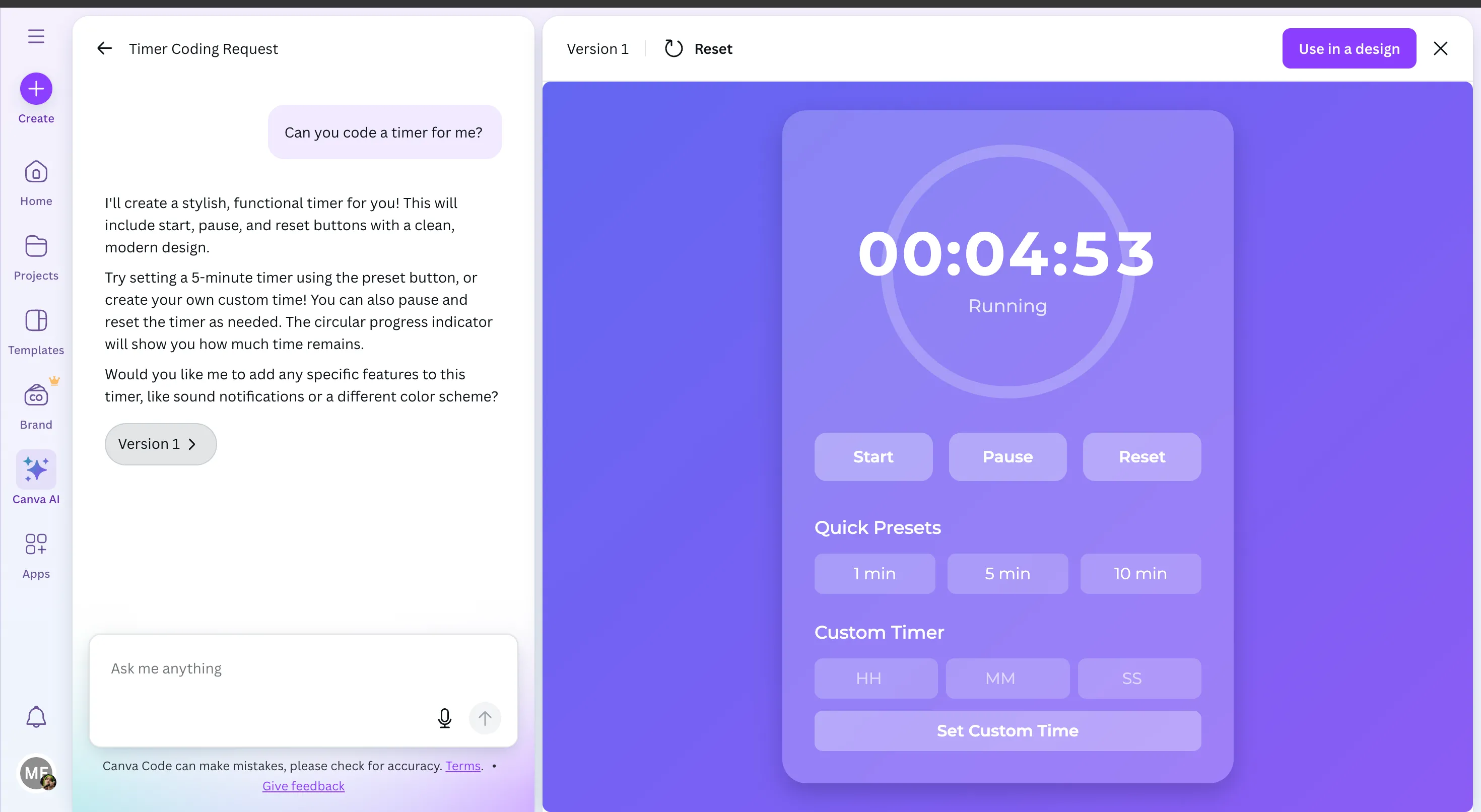 Giao diện bộ đếm thời gian màu tím được tạo bởi trợ lý AI Canva Code