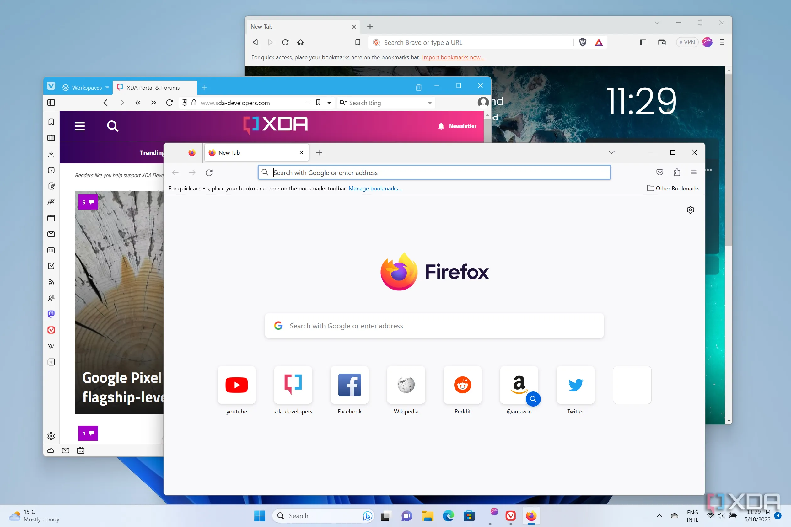 Giao diện các trình duyệt web phổ biến trên Windows 11 bao gồm Firefox, Vivaldi và Brave