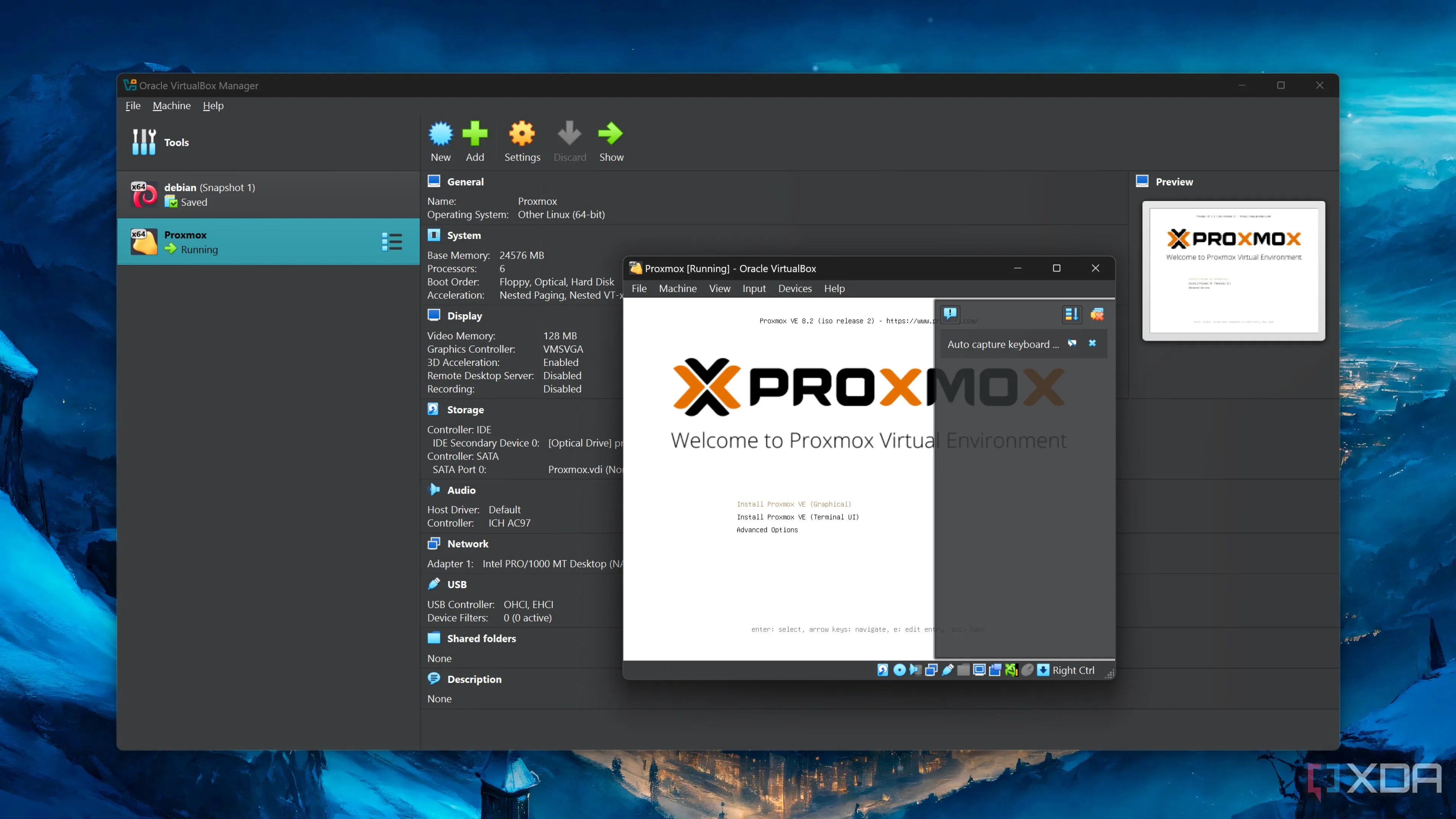 Giao diện cài đặt hệ điều hành Proxmox trong môi trường máy ảo VirtualBox