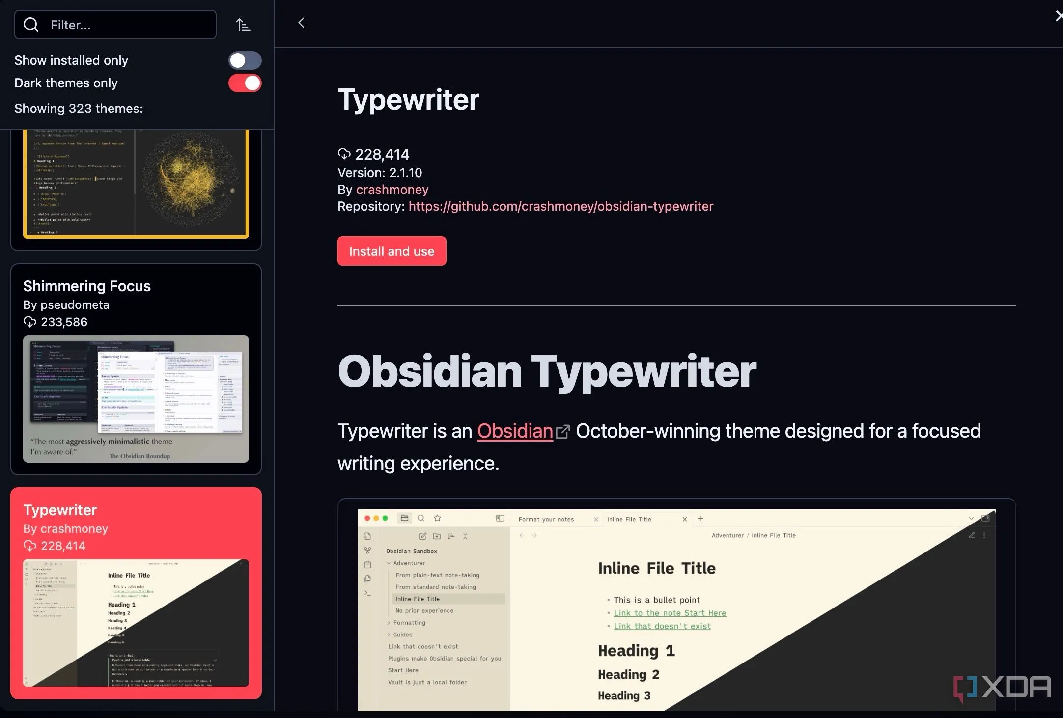 Giao diện cài đặt theme cộng đồng trong Obsidian, hiển thị tùy chọn tìm kiếm và cài đặt theme Encore
