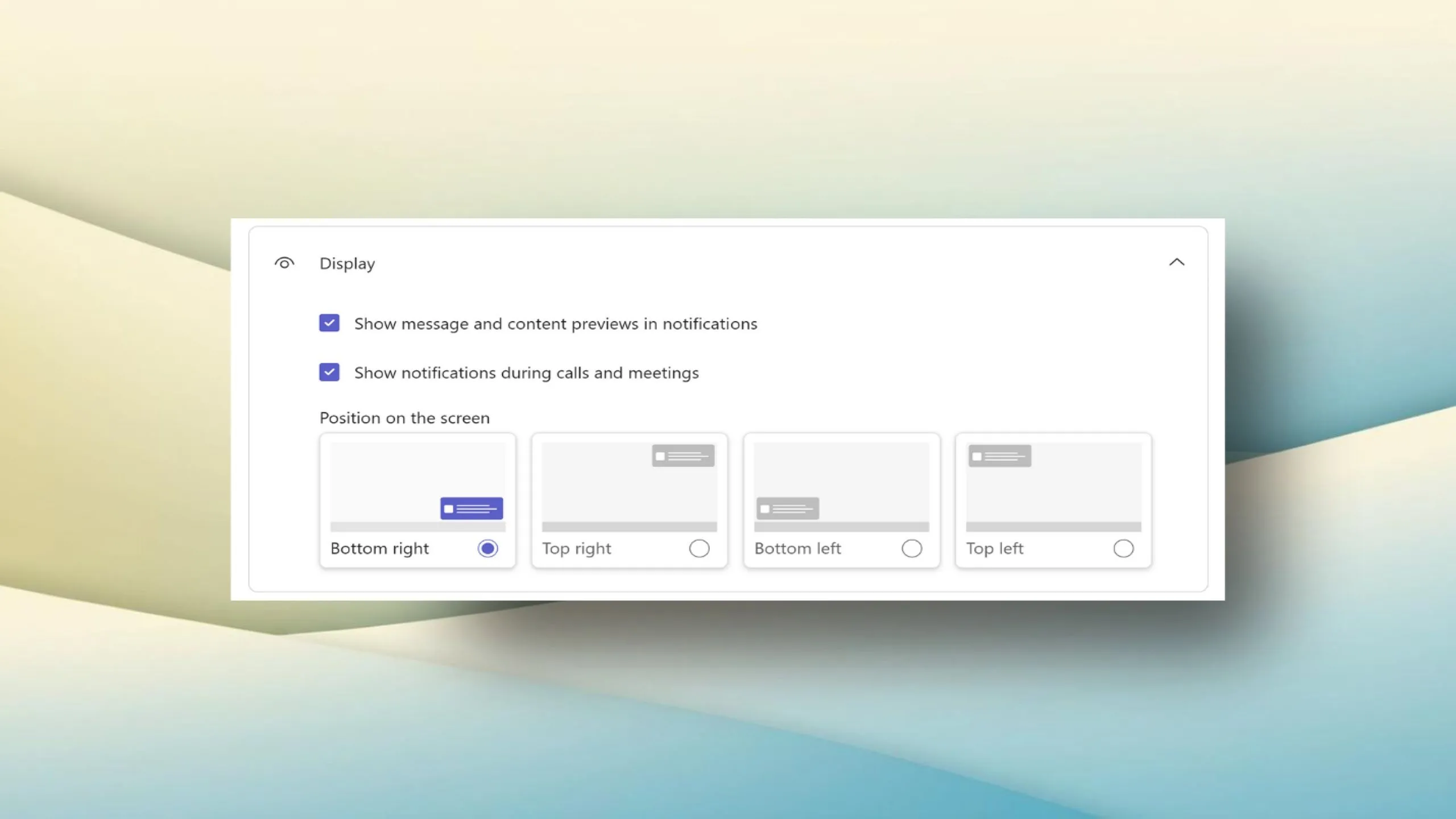 Giao diện cài đặt thông báo trong Microsoft Teams cho phép tùy chỉnh vị trí banner