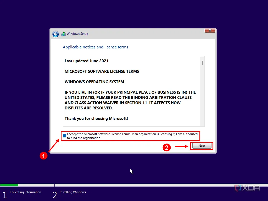 Giao diện cài đặt Windows hiển thị thỏa thuận cấp phép người dùng