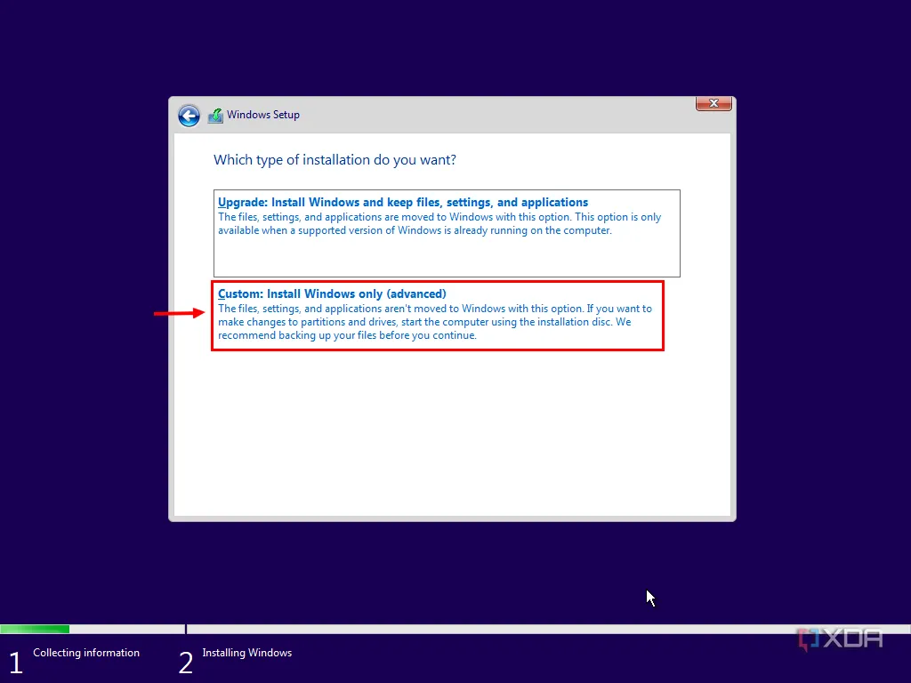 Giao diện cài đặt Windows hỏi người dùng liệu có muốn nâng cấp hoặc cài đặt mới hoàn toàn